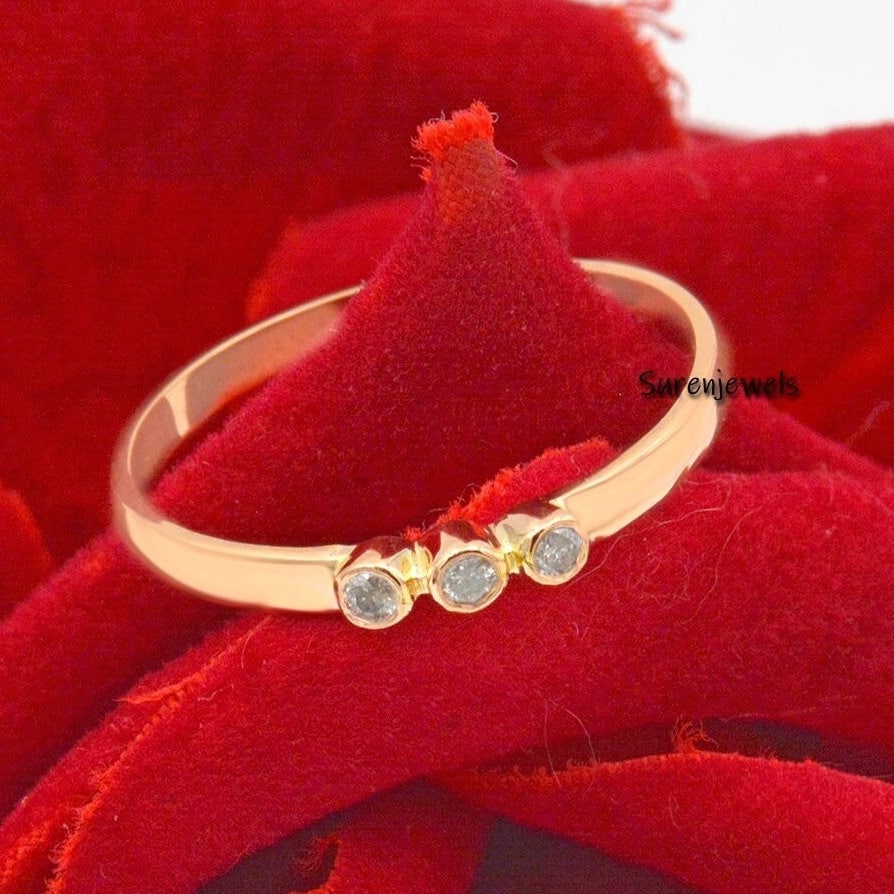 14K Solid Gold Diamond Ring: Bezel Set Three Stone Ring - Suren Jewels | SKU: SJR700-14KRGDI