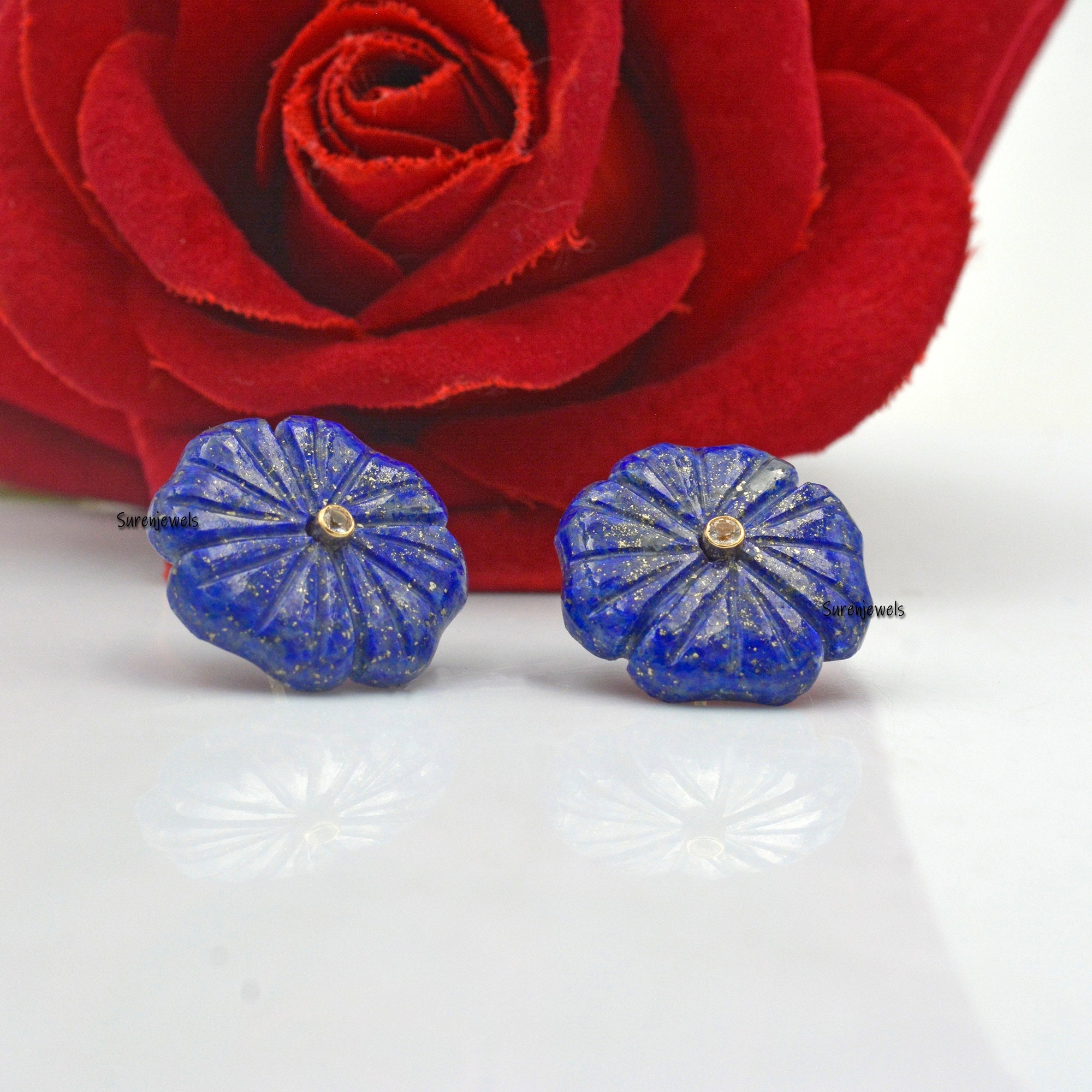 Carved Lapis Lazuli Flower Stud Earrings: Vintage Gemstone Dangle - View 5 - Suren Jewels | SKU: SJE963-14KYGAZWT-20M