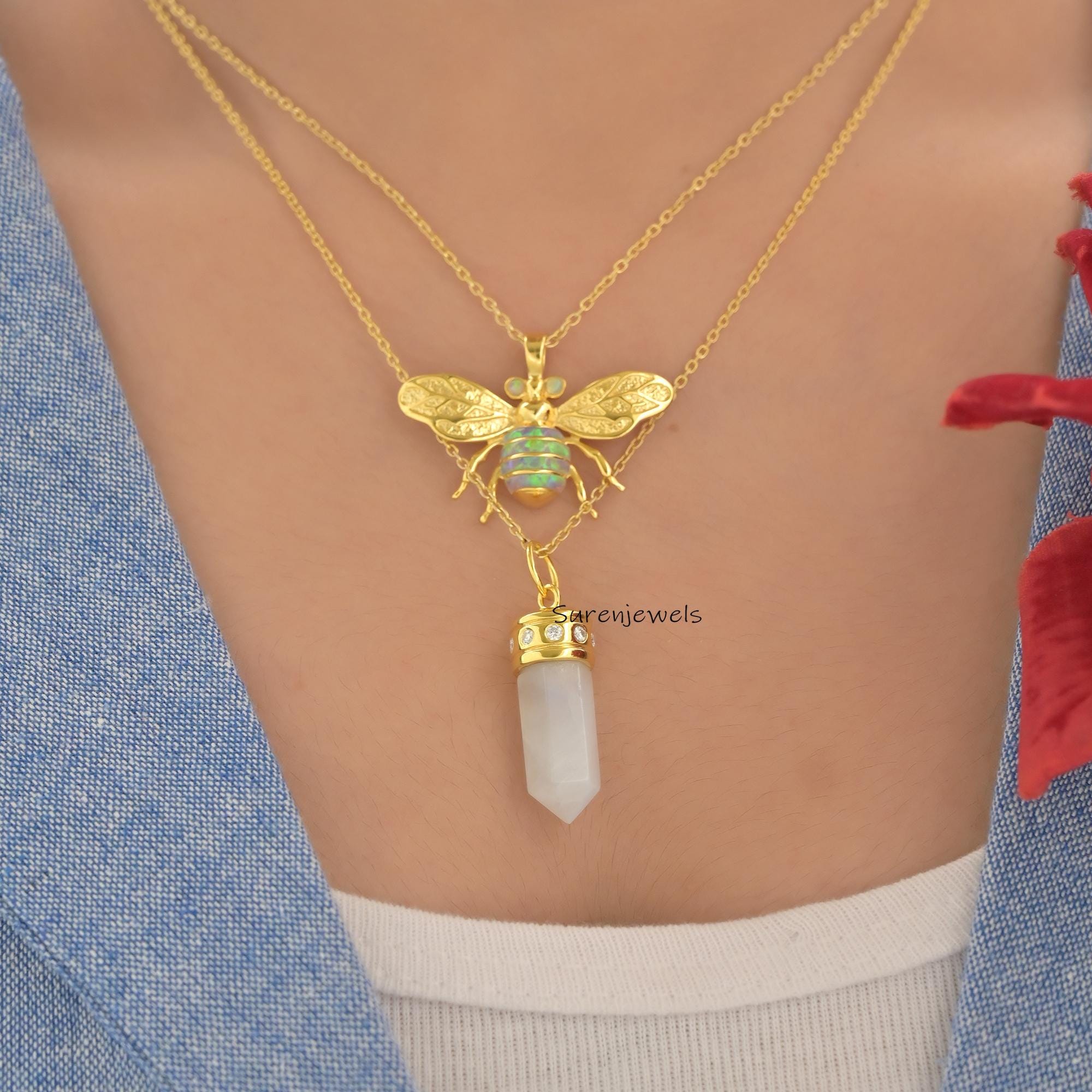 14K Gold Moonstone Point Pendant with Moissanite Diamond - View 7 - Suren Jewels | SKU: SJP,SJP6060-SLYGMSMN-30M
