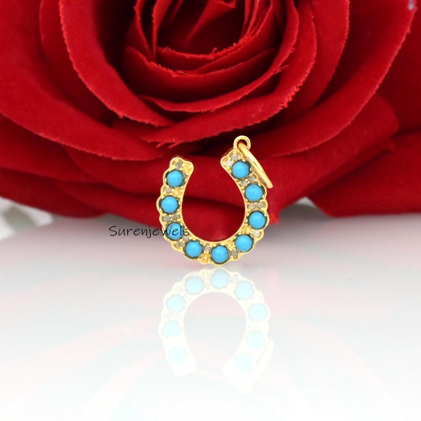 14K Plated Turquoise Horseshoe Pendant: Moissanite Diamond Accent - Suren Jewels | SKU: SJP1142-SLYGCZTQ