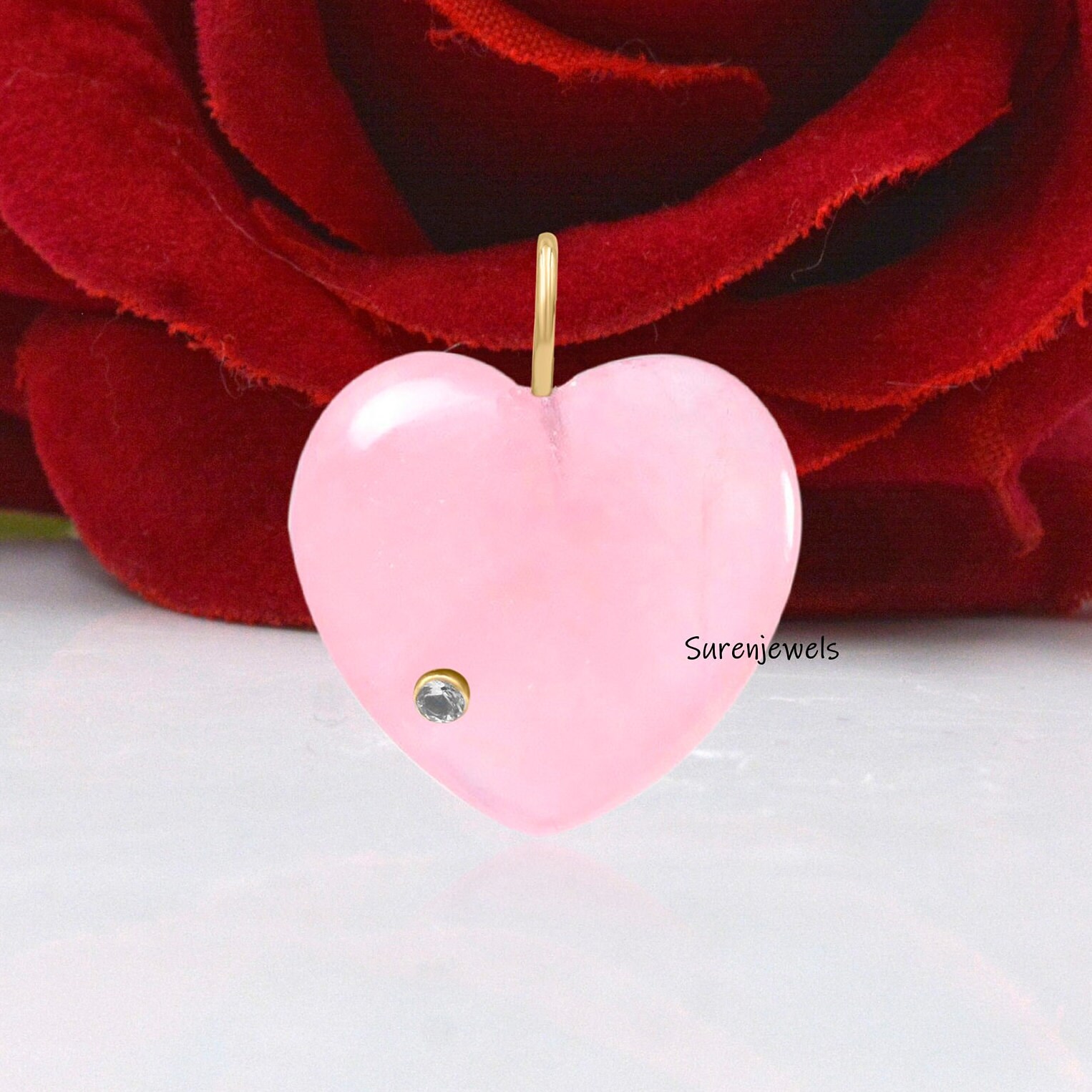 14K Gold Gemstone Heart Pendant, Carved Puffy Heart - View 3 - Suren Jewels | SKU: SJP1060-9KYGLPZWT-20M