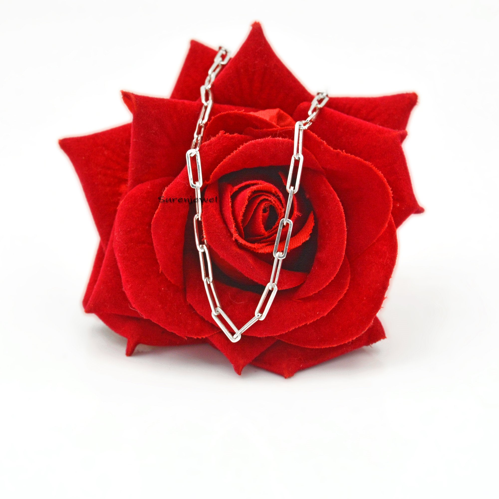 Sterling Silver Paper Clip Chain: Rectangle Cable Link Necklace - View 2 - Suren Jewels | SKU: SJN252/G1-SLYG-10M-16I-F202