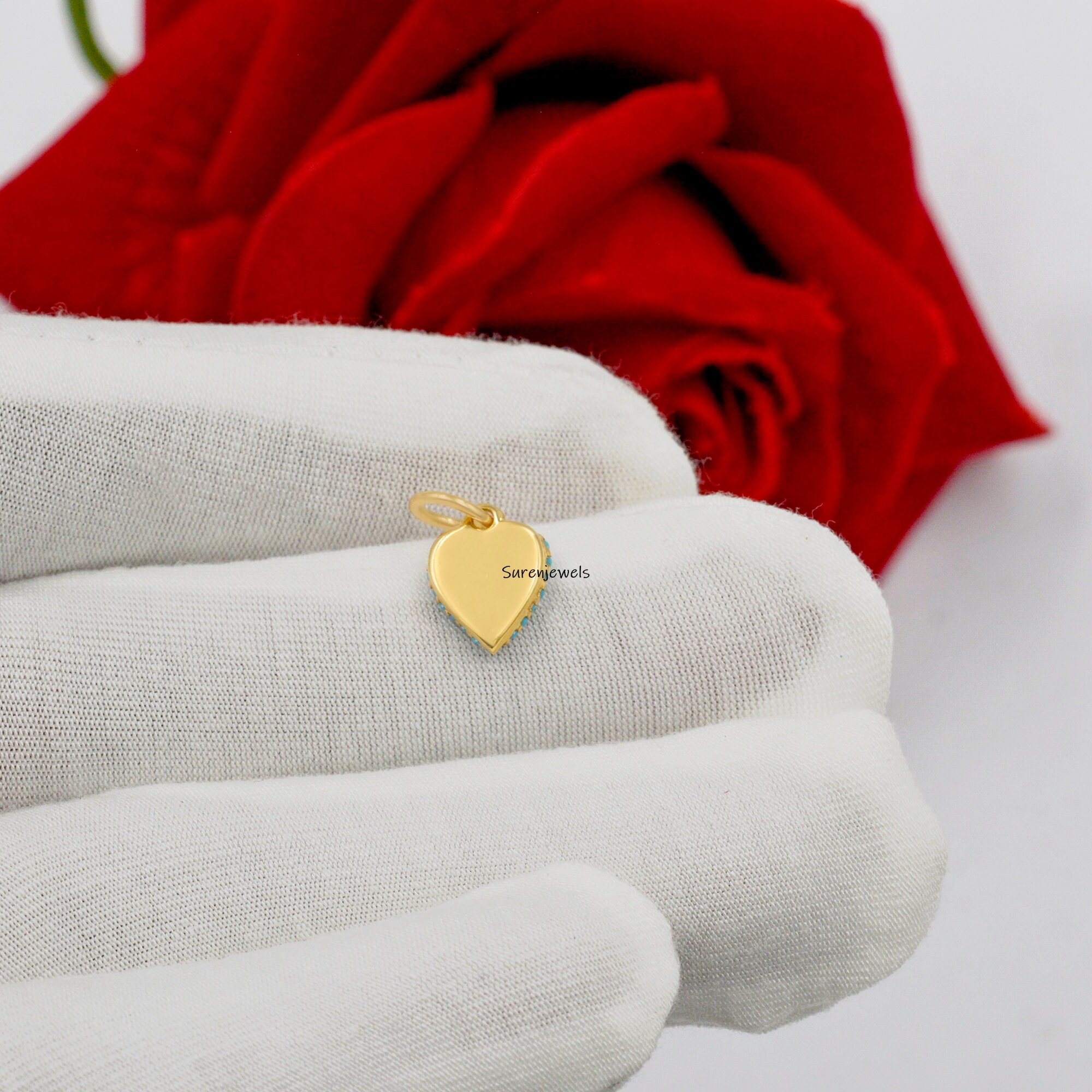 14K Gold Turquoise Heart Charm: Designer Love Pendant - View 5 - Suren Jewels | SKU: SJP1095-SLYGPSP