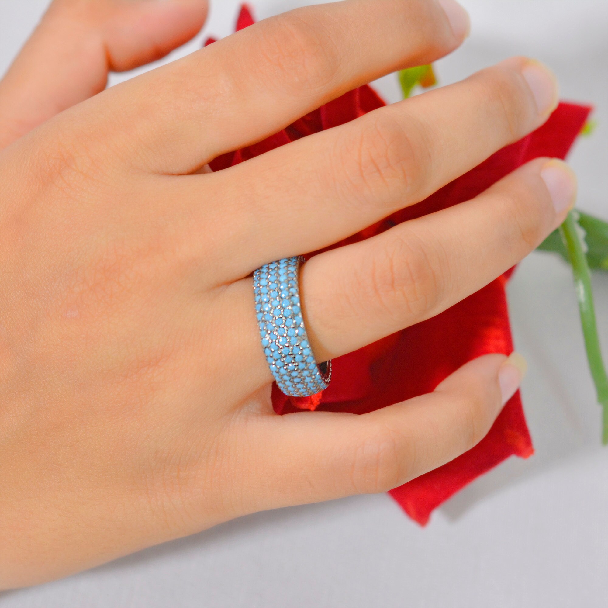 Turkish Turquoise 5 Row Ring, Gemstone Cigar Band - View 3 - Suren Jewels | SKU: SJR801-SLRGRHTQ-US-8