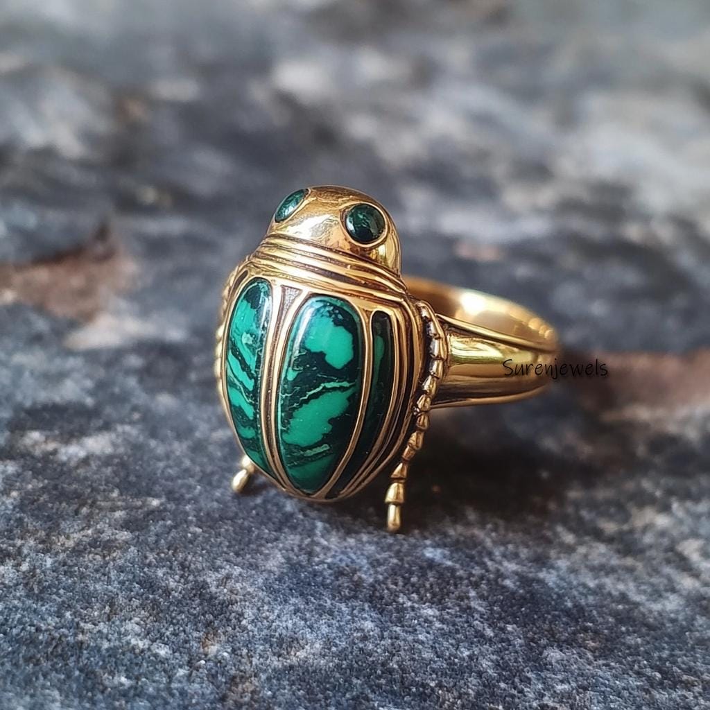 14k Gold Malachite Scarab Ring: Hand Carved Animal Ring - View 3 - Suren Jewels | SKU: SJR2927-SLYGMKBKCZ-US-8,SJR2865-SLNSMS