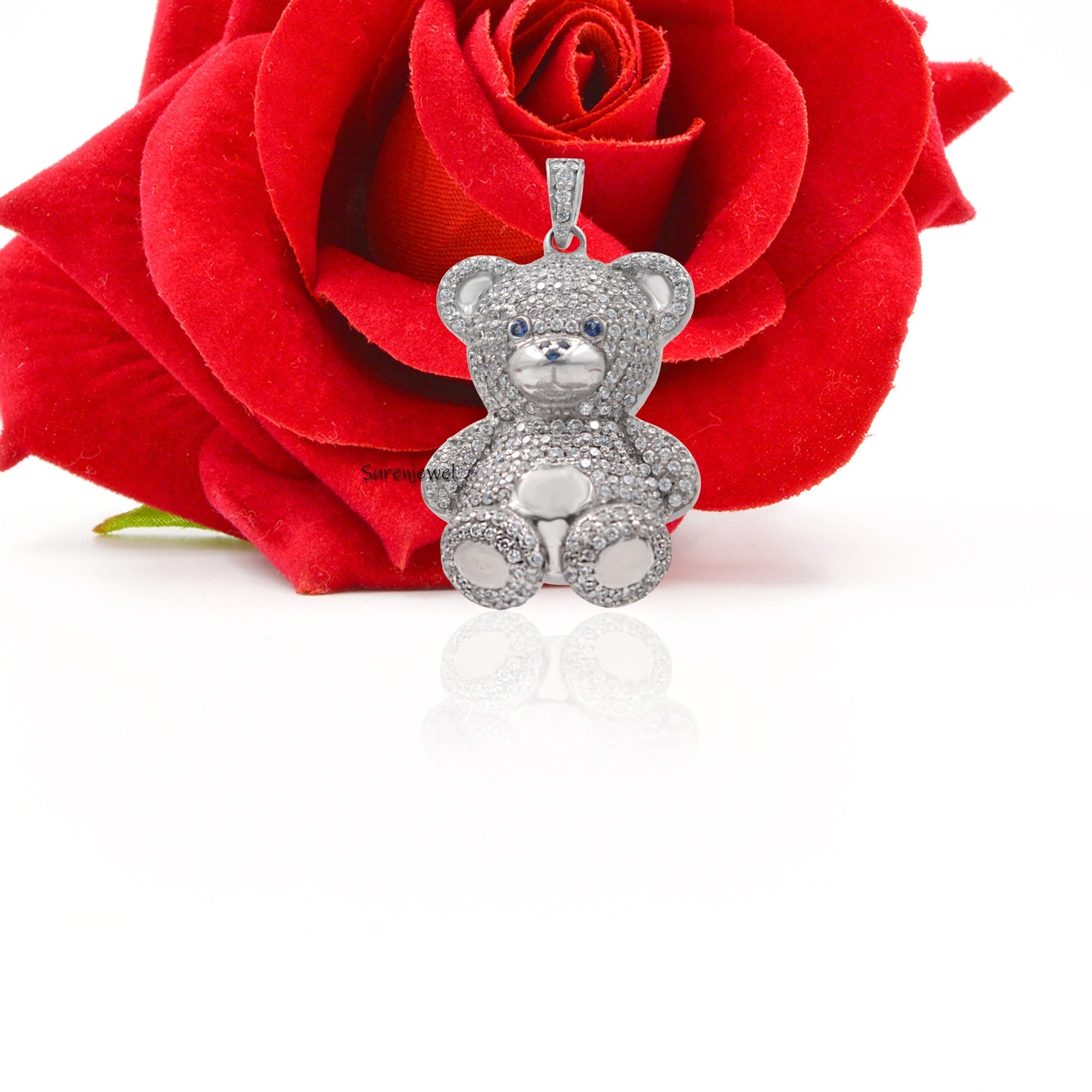 925 Silver Diamond Teddy Bear Pendant: Puffed Gummy Charm - View 3 - Suren Jewels | SKU: SJP105-SLYGCZBSP-N41-18I-925