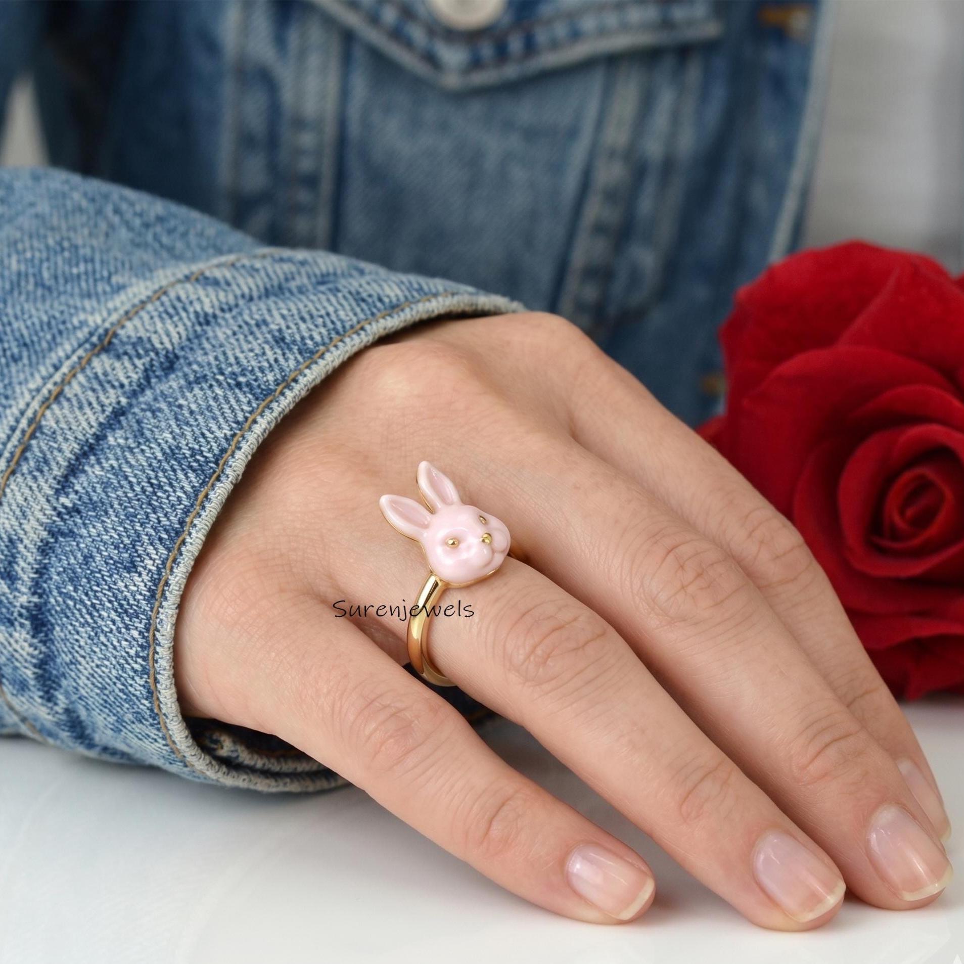 14K Gold Gemstone Bunny Ring, Rose Quartz Bunny Ring, Hand Carved Gold Rabbit Ring, Carving Gold Bunny Ring, Rabbit Animal Je