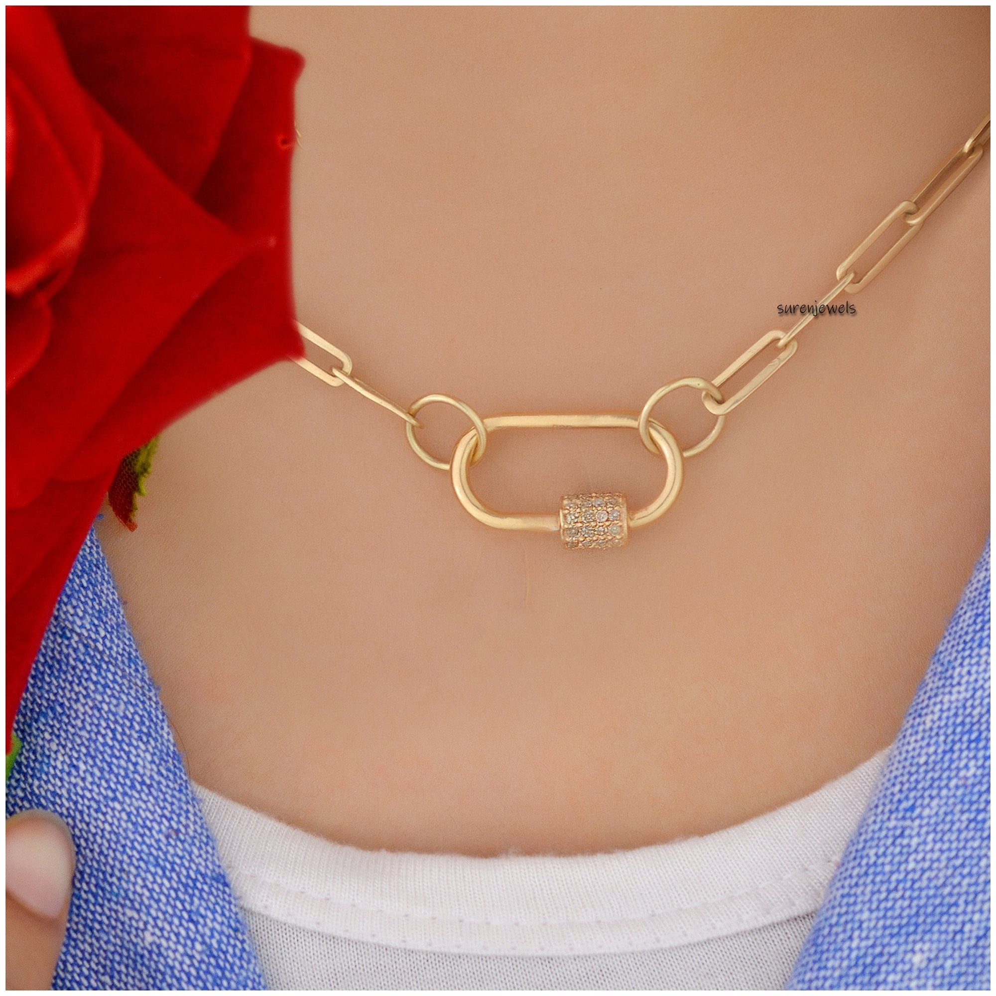 14K Gold Diamond Carabiner Necklace: Paperclip Chain Lock - View 2 - Suren Jewels | SKU: SJC131-14KYGDI