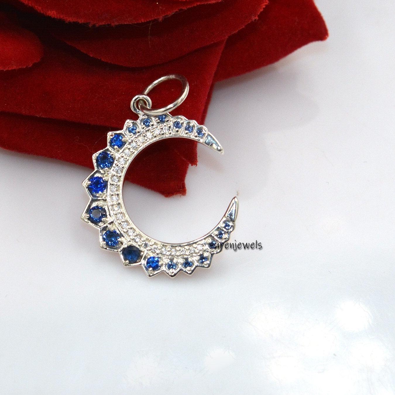 14k Gold Turquoise Crescent Pendant: Silver Diamond Moon Charm - View 3 - Suren Jewels | SKU: SJP1298-SLYGCZPL