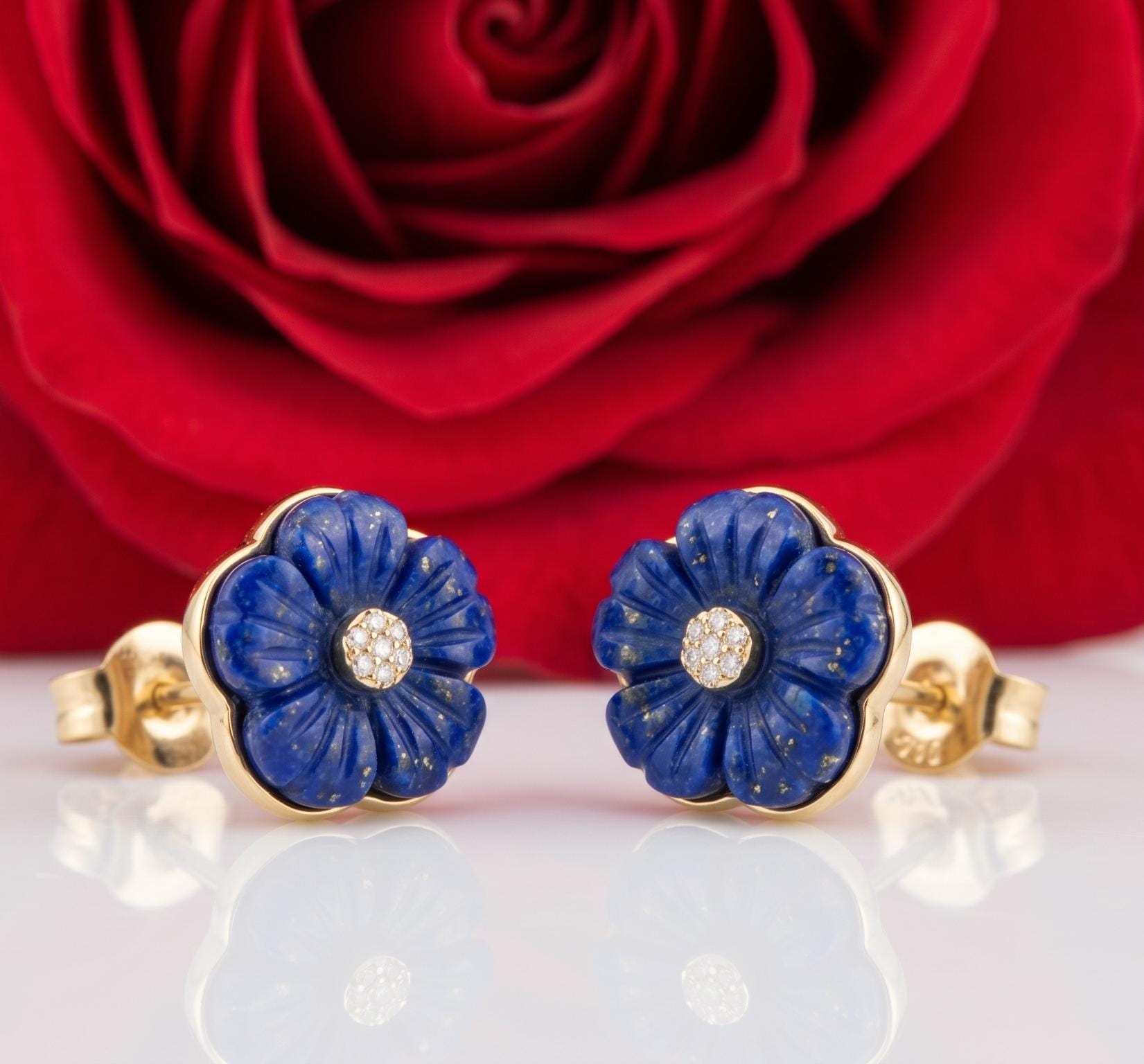 Carved Lapis Lazuli Flower Stud, Designer Carved Flower Dangle Earring, Gemstone Flower Dangle Earring, Vintage Flower Earrin