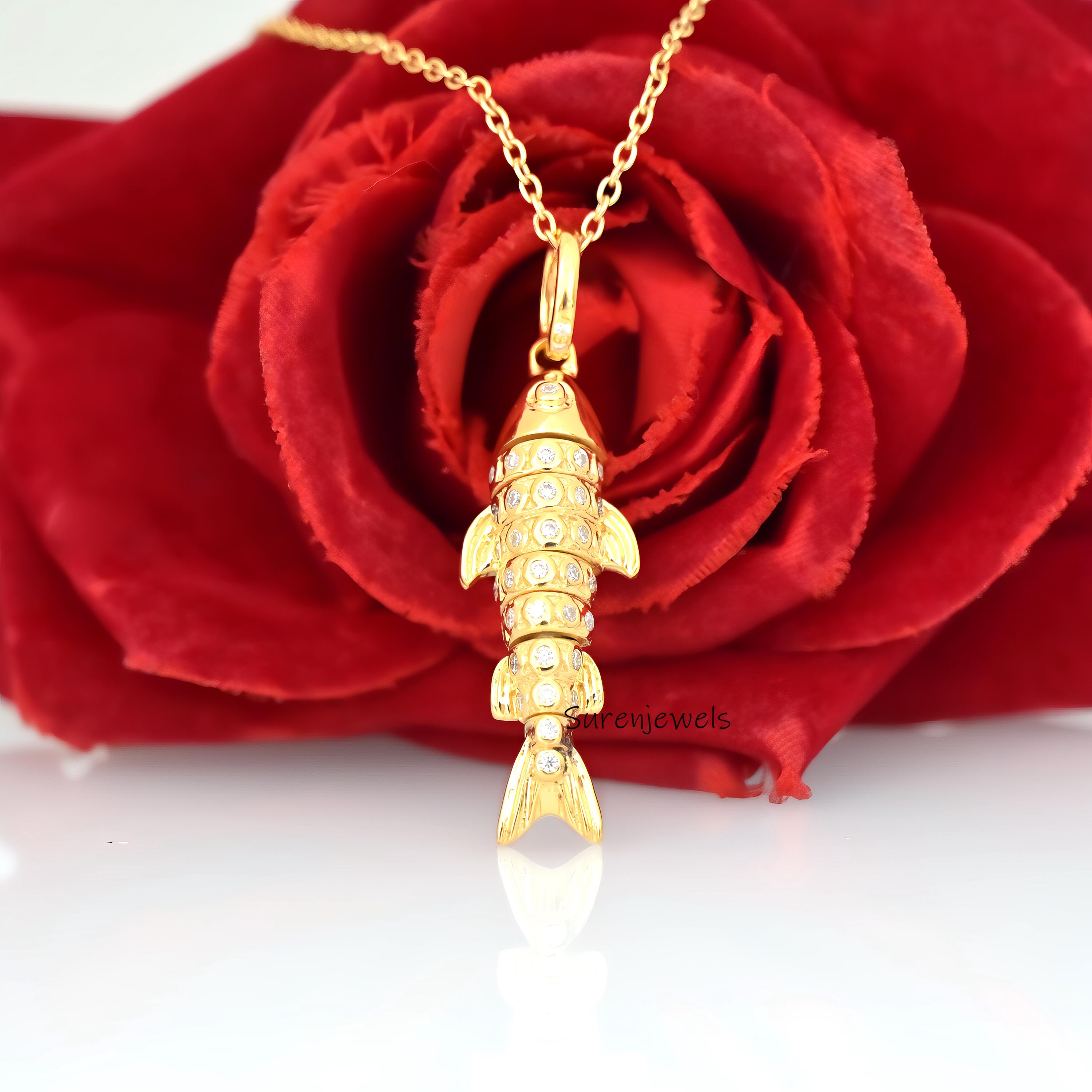 14K Gold Moveable Fish Pendant: Multi Gemstone 3D Charm - View 3 - Suren Jewels | SKU: SJP3342
