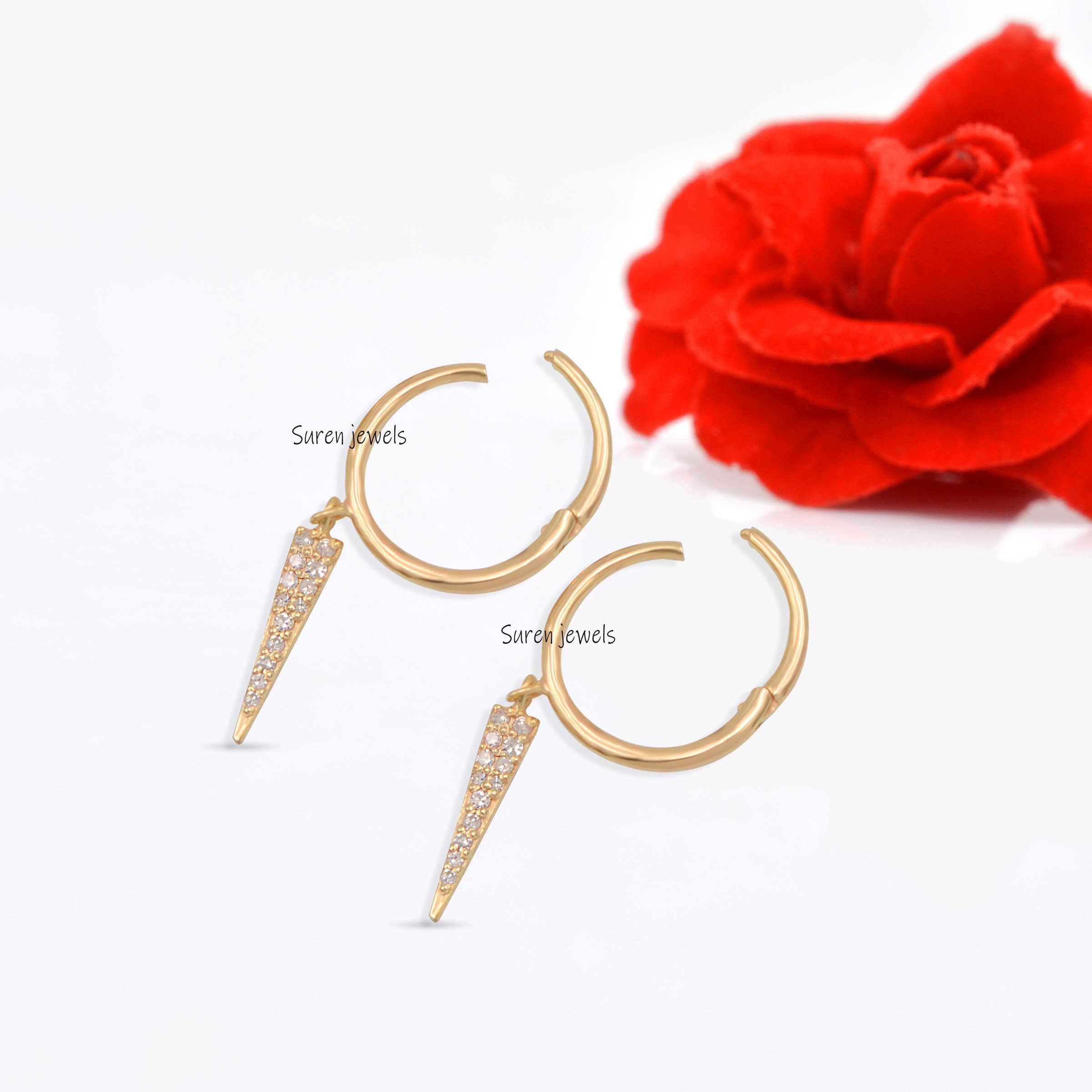 14K Gold Diamond Spike Hoop Earrings: Solid Gold Huggie - View 2 - Suren Jewels | SKU: SJE381-SLYGDI