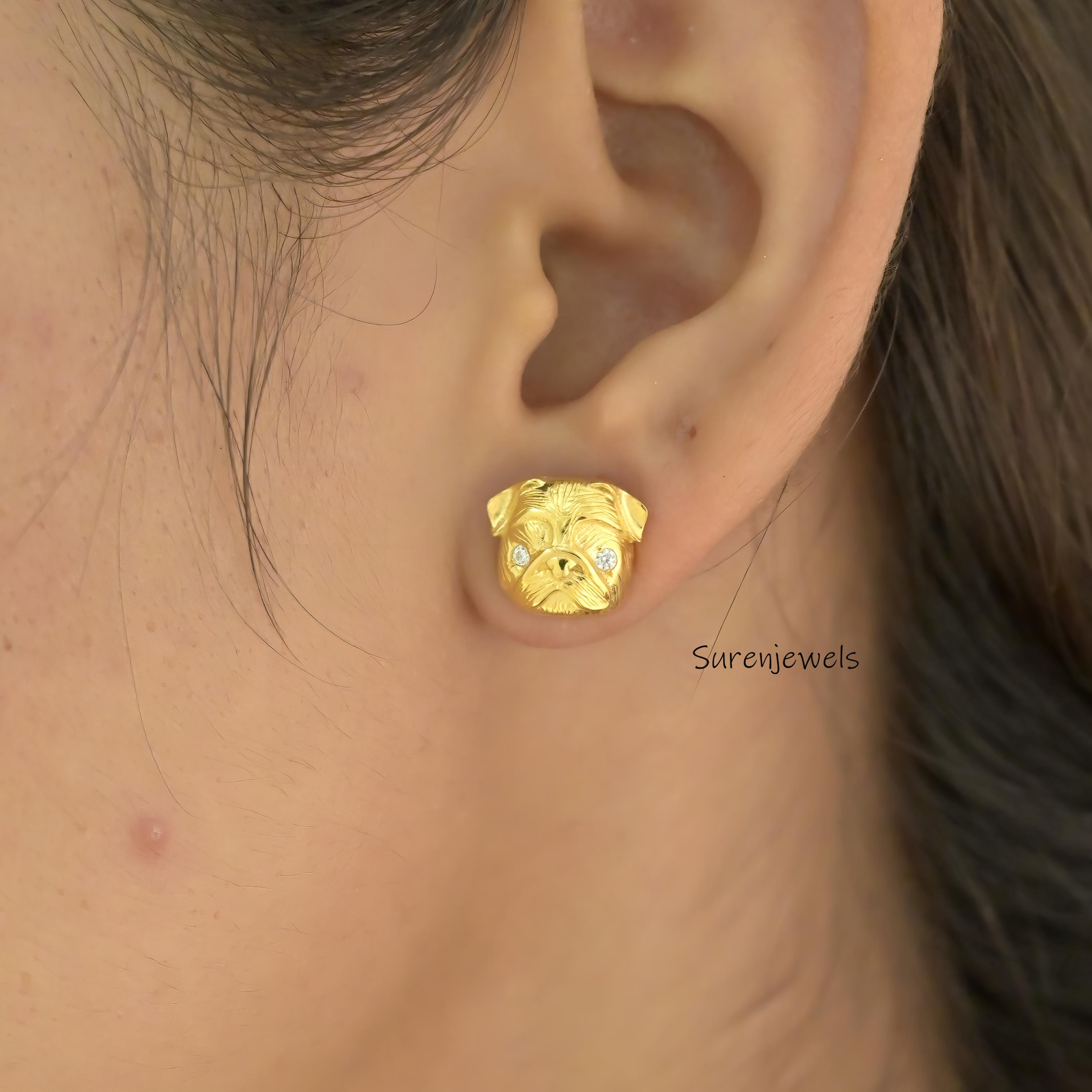 14K Gold Pug Face Stud Earrings: Animal Jewelry - View 4 - Suren Jewels | SKU: SJE2036-SLYGCZELBK-10M,SJE1790-SLYGBKCZ-10M,SJ