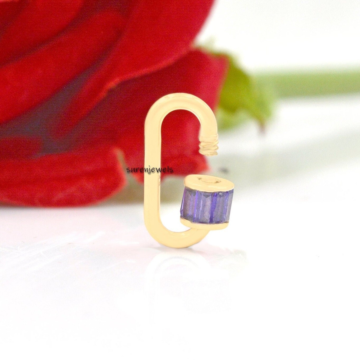14K Yellow Gold Carabiner Lock: Vintage Emerald Baguette Screw - View 5 - Suren Jewels | SKU: SJC22-14KYGBTTAQ-N47-18I-14K