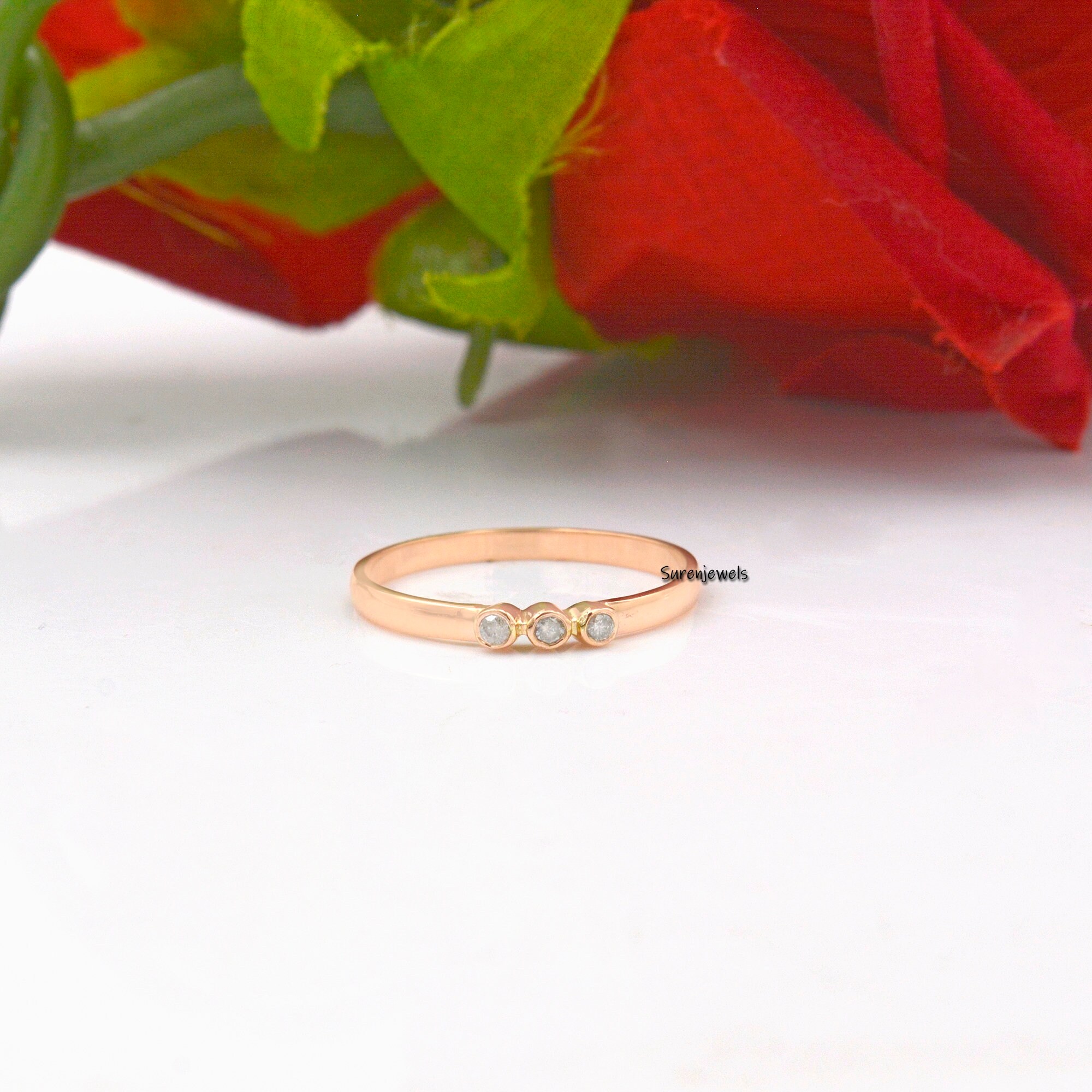 14K Solid Gold Diamond Ring: Bezel Set Three Stone Ring - View 6 - Suren Jewels | SKU: SJR700-14KRGDI