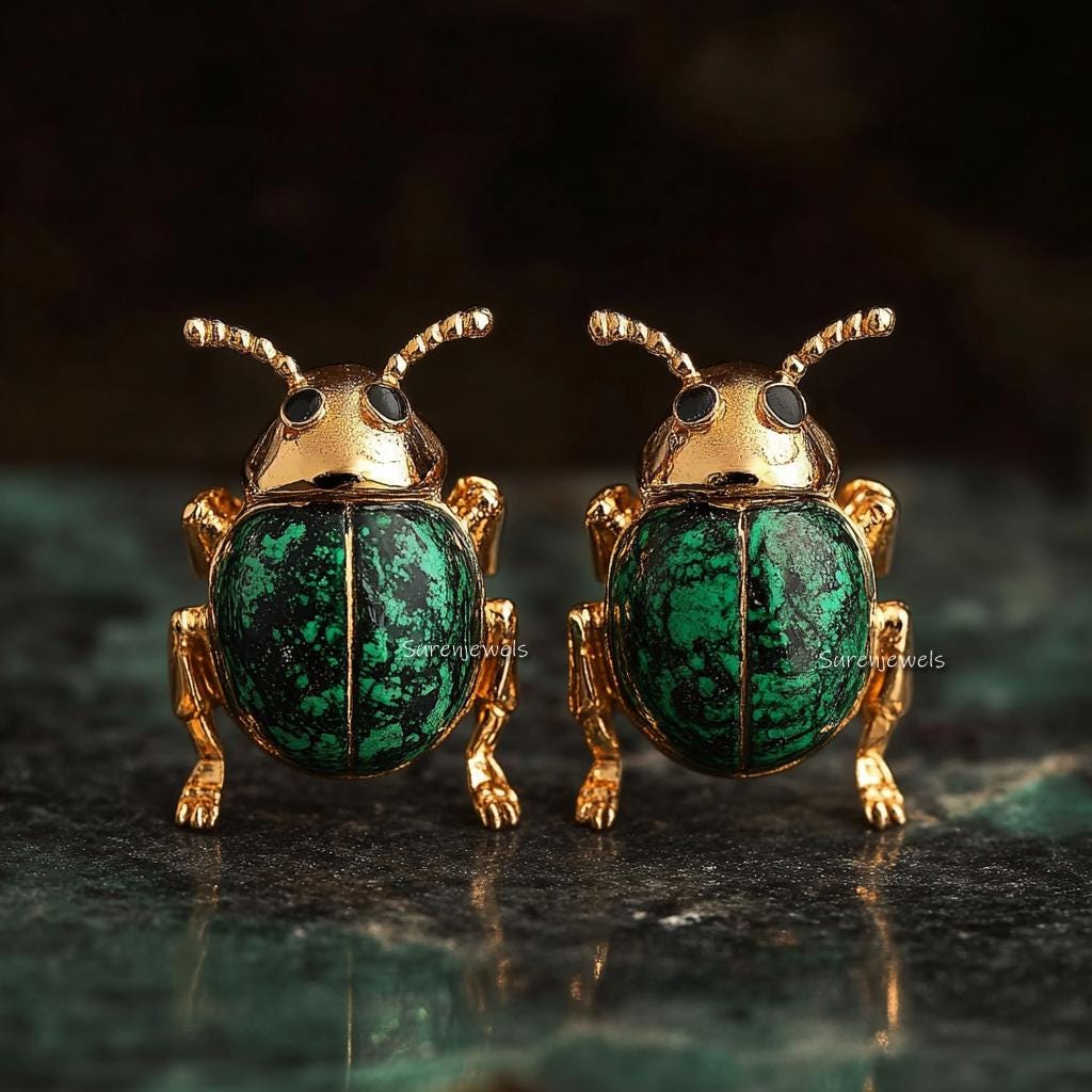 14K Gold Scarab Studs: Hand Carved Egyptian Beetle Earrings - View 6 - Suren Jewels | SKU: SJE1785-SLYGMK-12M,SJE1841-SLRGLB-