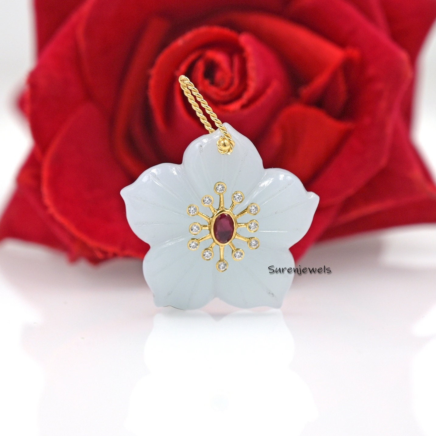 14K Gold Carved Opal Flower Charm: Ruby & CZ Pendant - View 3 - Suren Jewels | SKU: MJP4826-SLYGBCHRUCZ-25M-SJP3170