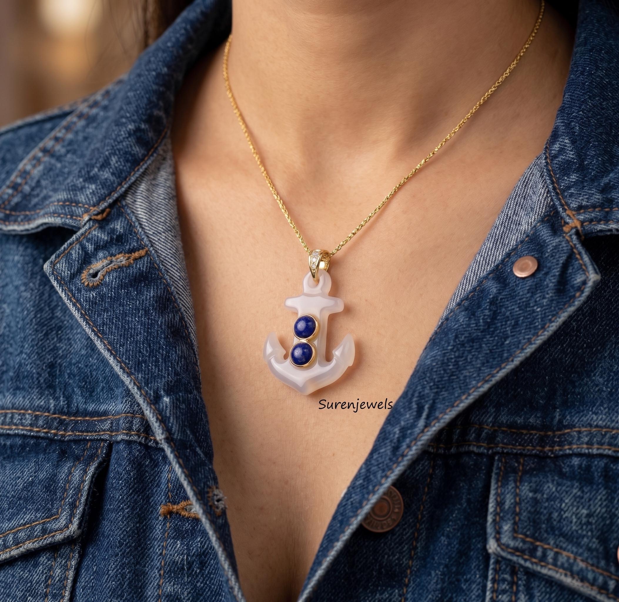 Carved Gemstone Anchor Pendant, handmade Gemstone Anchor Pendant, Designer Carved Anchor Jewelry - View 2 - Suren Jewels | SK