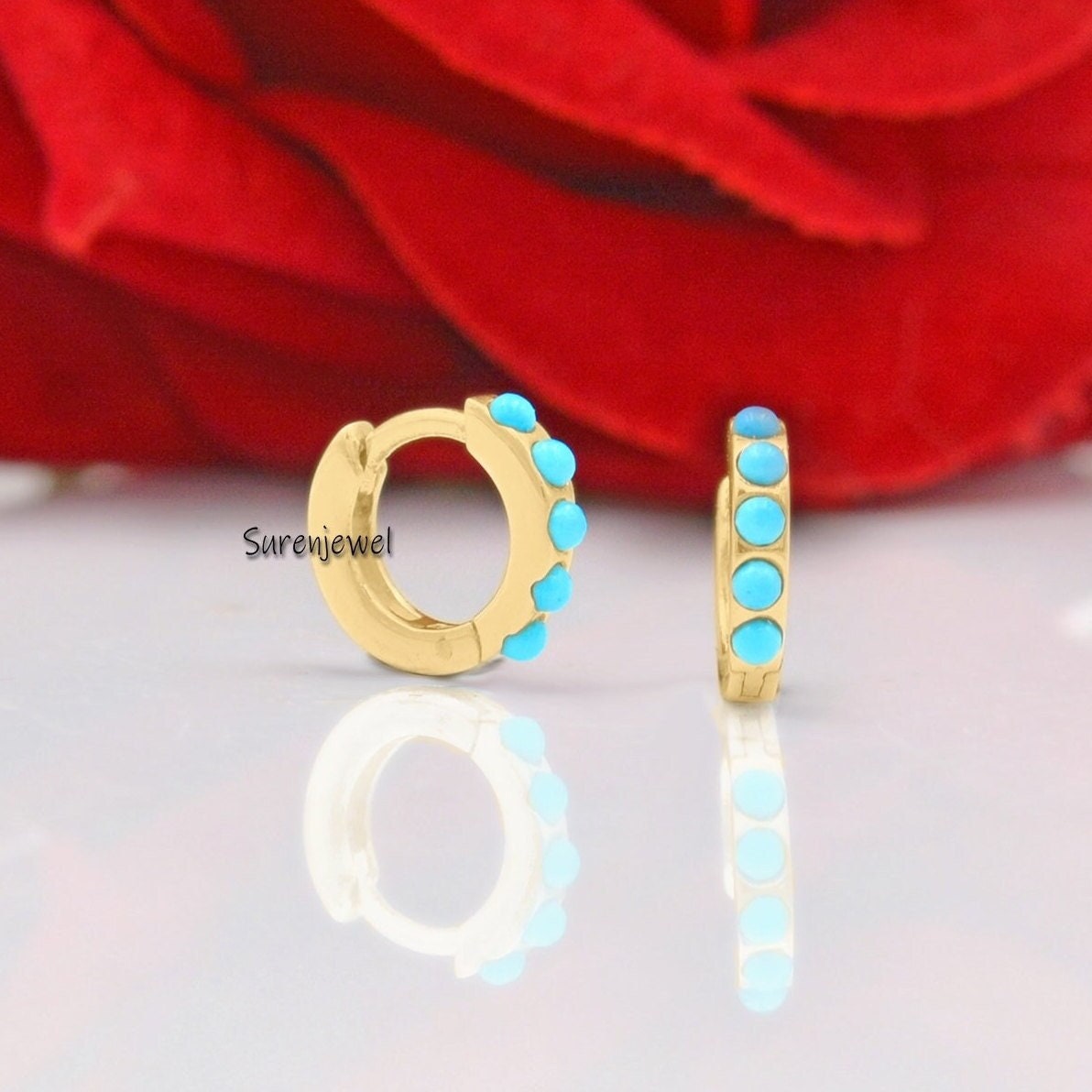 14k Solid Gold Turquoise Huggie Earrings - 10mm - View 4 - Suren Jewels | SKU: SJE933-SLNSTQ-10M