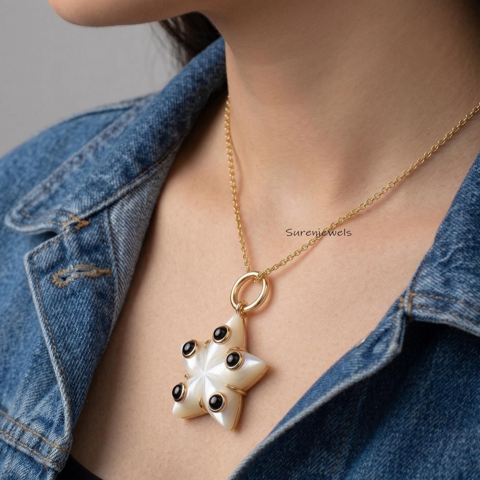 Hand Carved 14k Gold Gemstone Star Pendant handmade Designer Jewelry - View 6 - Suren Jewels | SKU: SJP6167-SLYGTQBO-25M