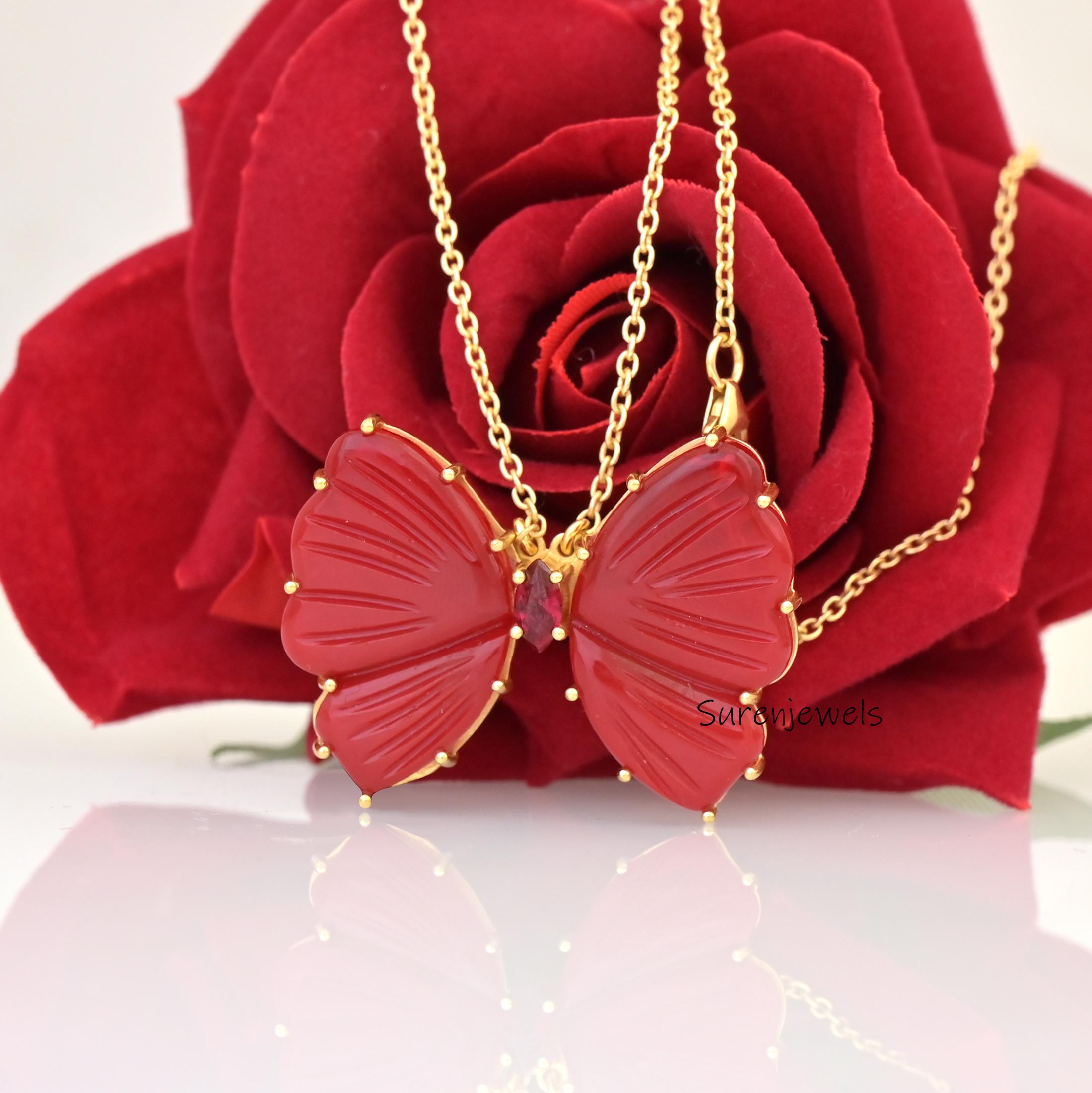 14K Gold Butterfly Charm Necklace: Handmade Carved Gemstone Pendant - View 4 - Suren Jewels | SKU: SJN1949