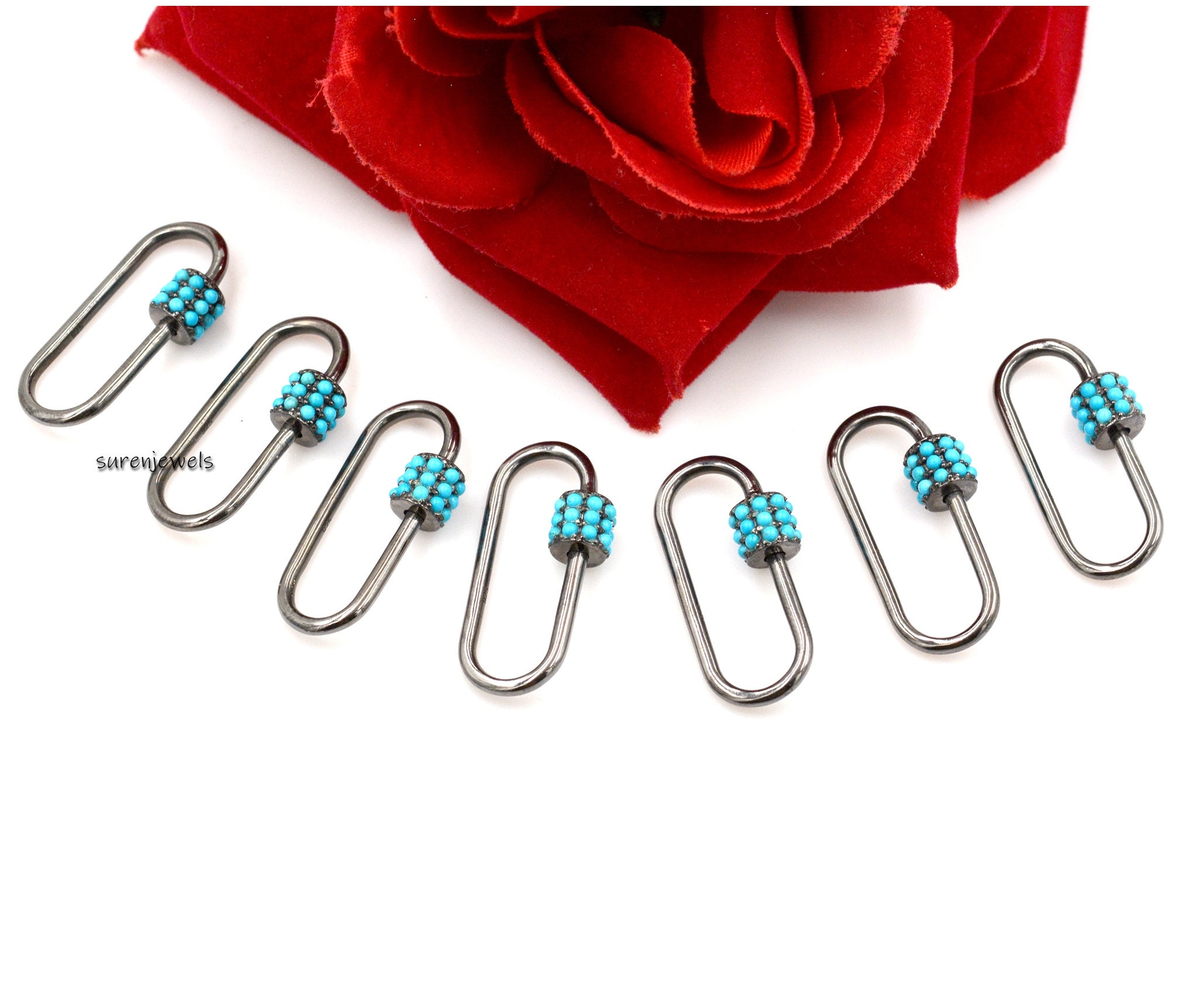 925 Silver Turquoise Carabiner Lock: Gemstone Pendant (20x9mm) - View 2 - Suren Jewels | SKU: SJC09-SLYGTQ-N47-18I