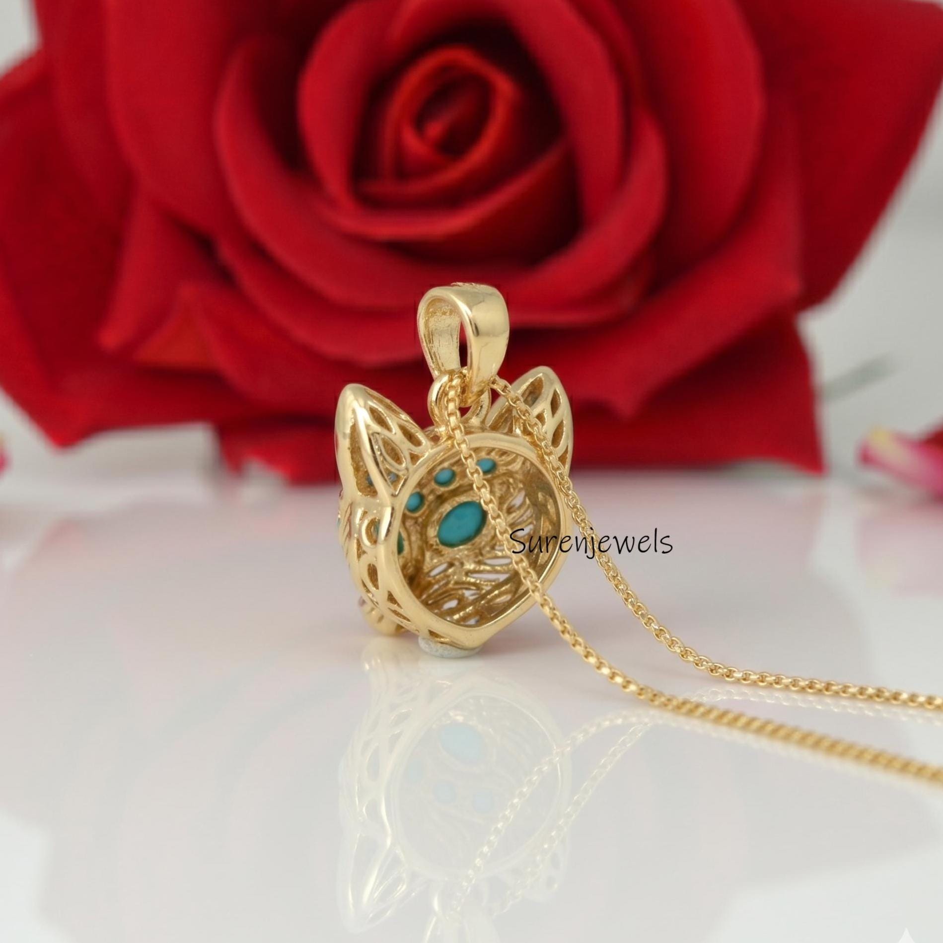 14k Gold Plated Gemstone Fox Pendant, Turquoise Fox Charm Pendant, Gold Carved Fox Charm Pendant, Handmade Fox Pendant, Anima
