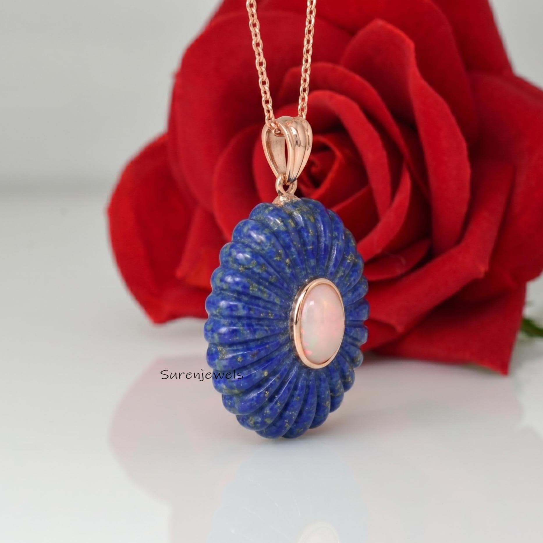 14K Gold Gemstone Fluted Oval Pendant, Carving Fluted Oval Pendant, Natural Gemstone Fluted Oval Pendant, All Gemstone Oval P