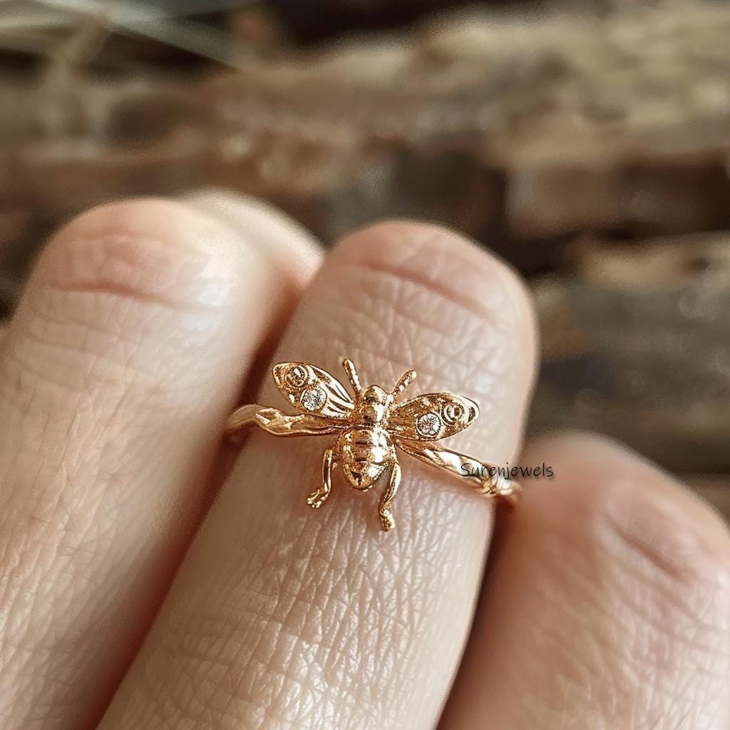 14K Gold Honey Bee Ring: Moissanite Stacking Ring - View 2 - Suren Jewels | SKU: SJR2751-SLYGCZ-US-7,SJR2811-SLYGCZ-US-7,SJR2