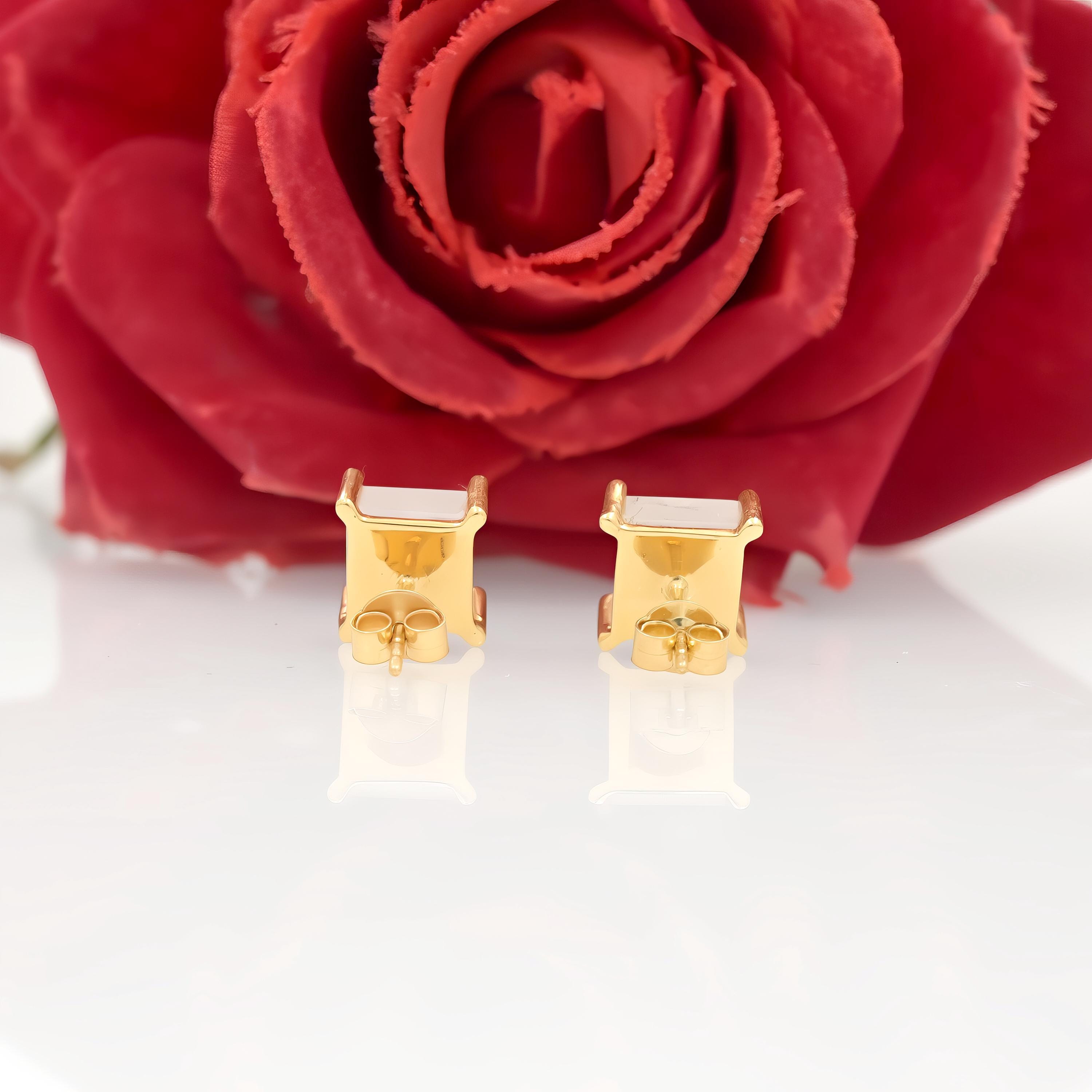 14k Gold Princess Cut Gemstone Stud Earrings: Square Rose Quartz - View 4 - Suren Jewels | SKU: SJE1695-SLRGRQ-10M
