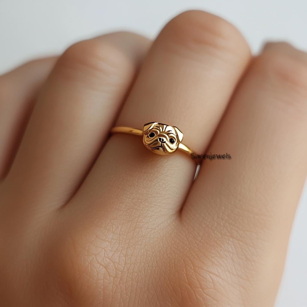 14K Gold Pug Ring: Handmade Animal Jewelry - View 4 - Suren Jewels | SKU: SJR2913-SLRG-US-6,SJR3186-SLRGBKCZ-US-7