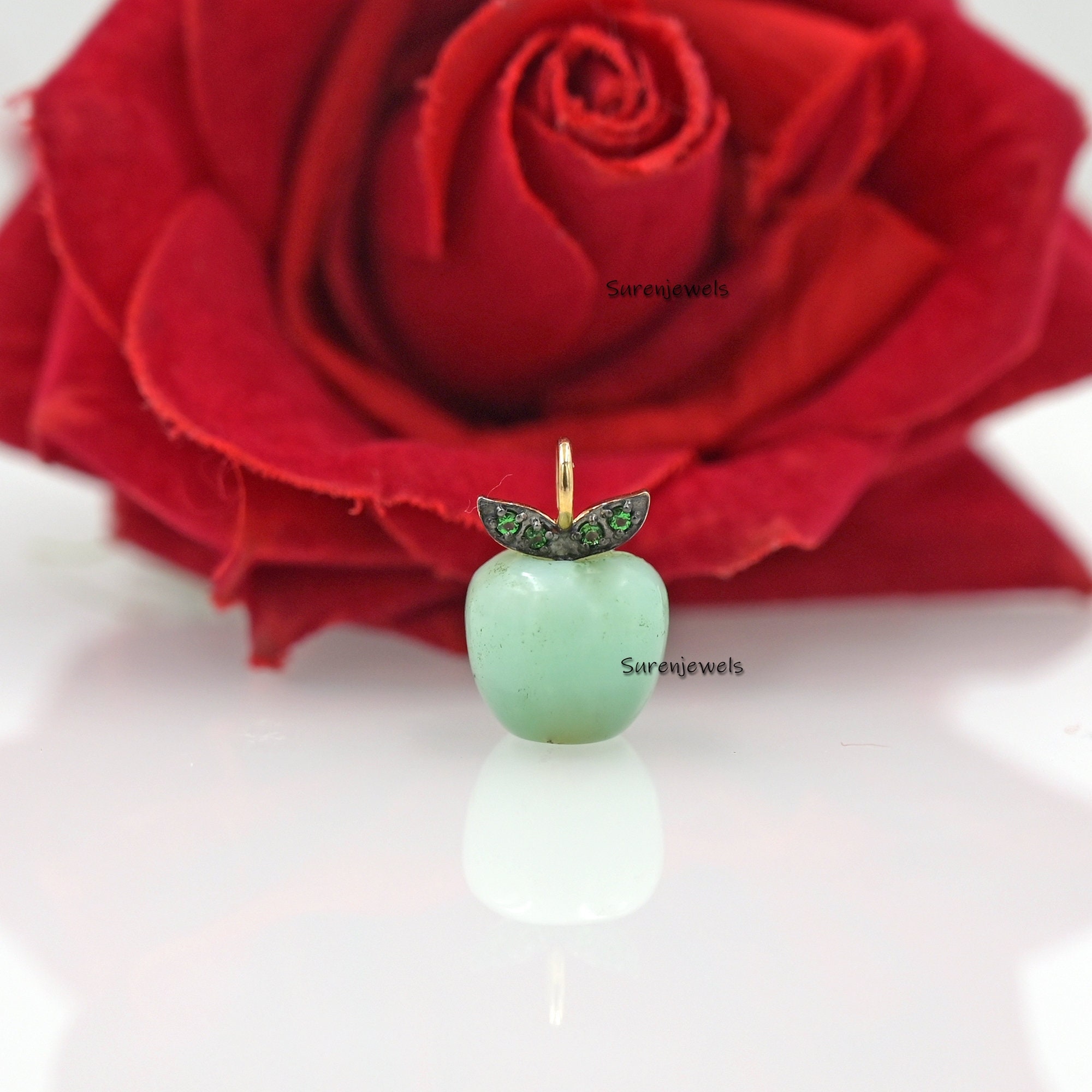Handmade 14K Gold Apple Pendant with Green Cz Leaves - View 4 - Suren Jewels | SKU: SJP1658