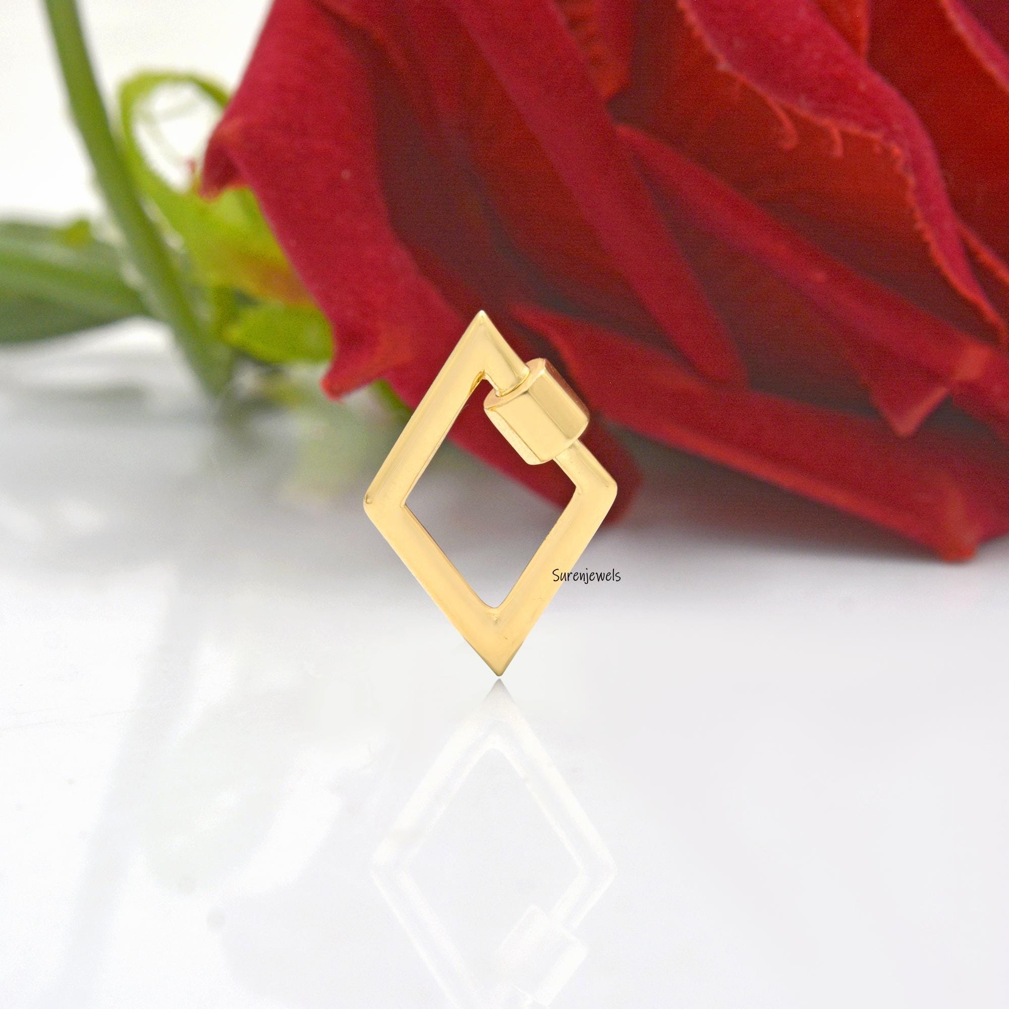 14K Gold Carabiner Lock: Handmade Pendant with Diamond, Turquoise, Rose Quartz - View 2 - Suren Jewels | SKU: SJC102-14KYG,SJ