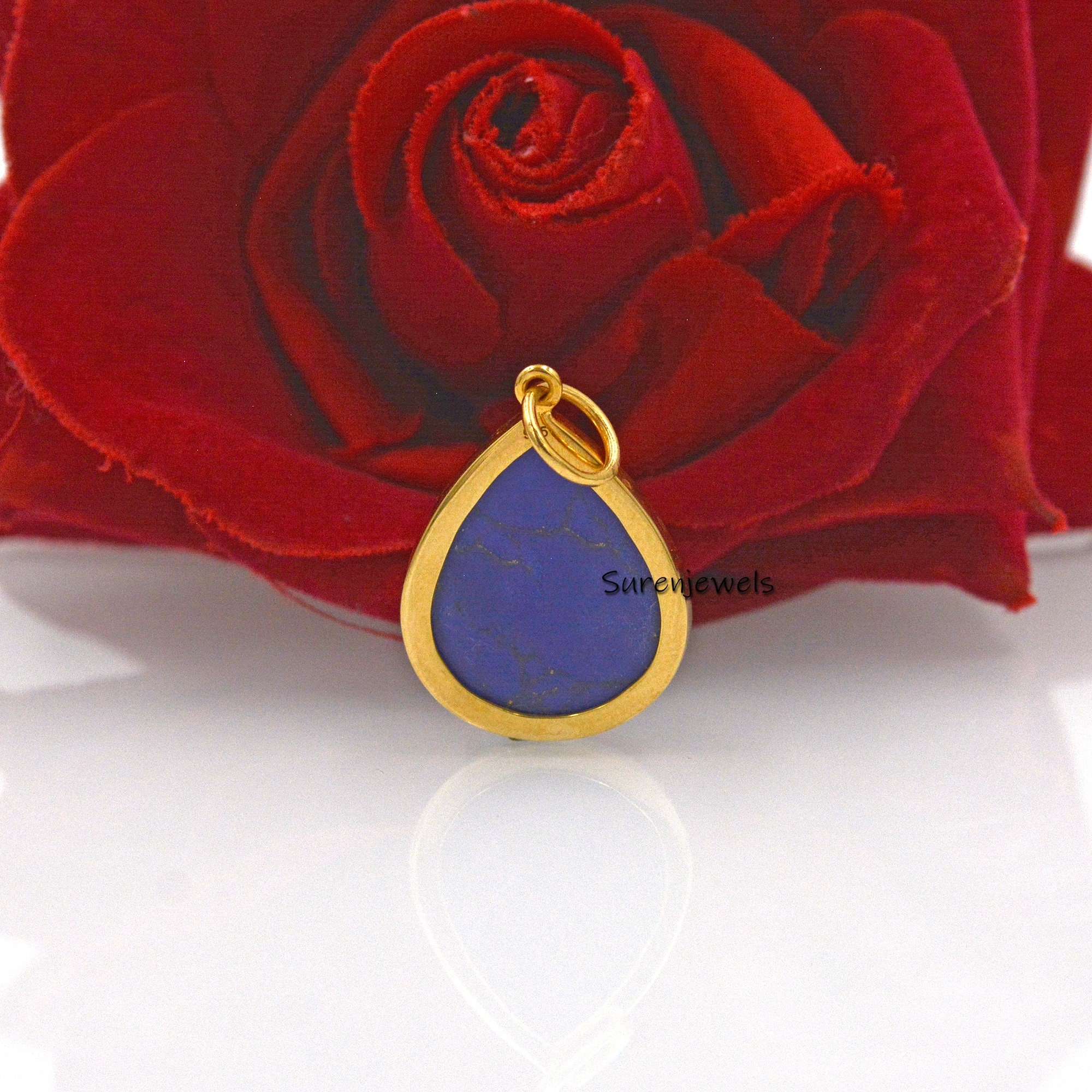 14K Gold Malachite Teardrop Pendant: Designer Gemstone Drop - View 7 - Suren Jewels | SKU: SJP1574-SLYGAMCZ