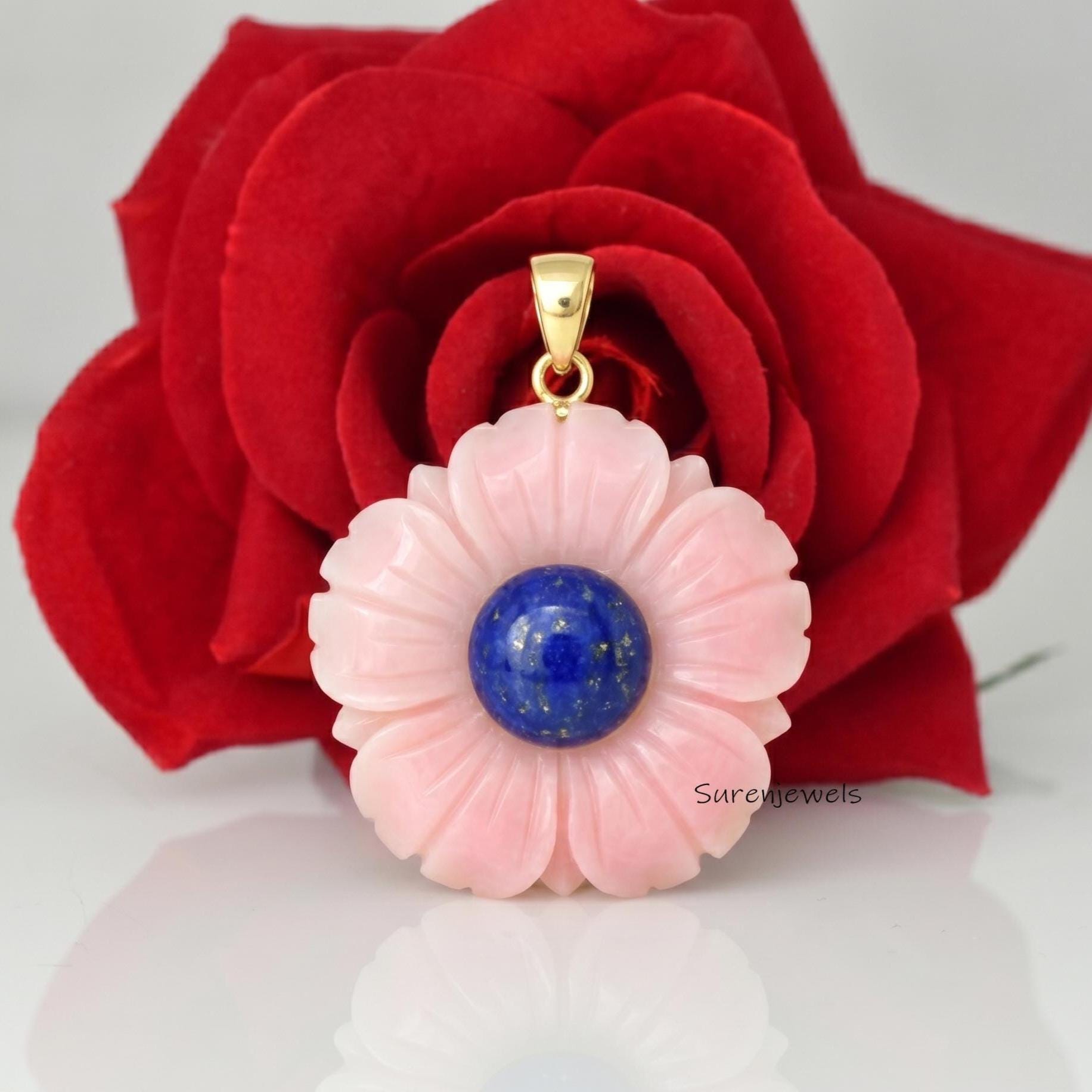 14K Gold Carved Gemstone Flower Pendant, Gold Gemstone Flower Pendant, Solid Gold Gemstone Flower Pendant, Vintage 14k Gold F