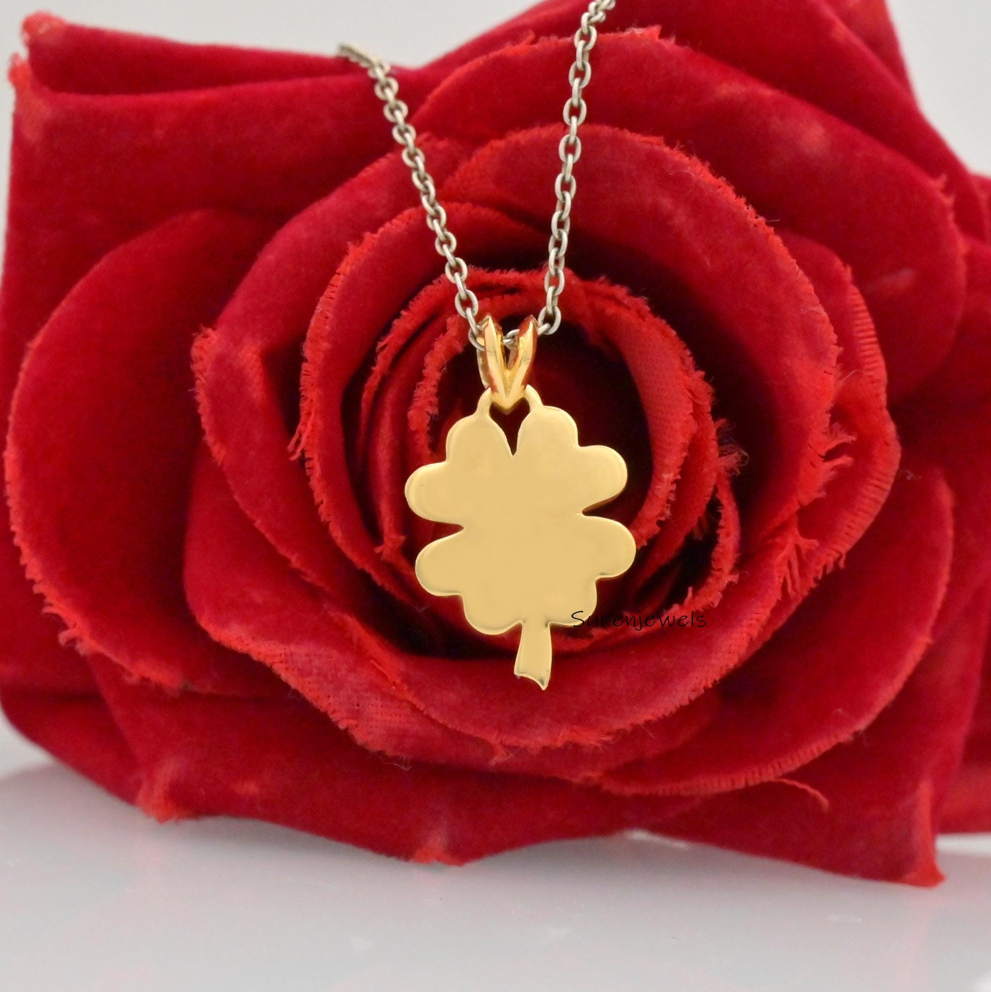 Four Leaf Clover Necklace, Lucky Charm Pendant, Gold Plated Shamrock Jewelry, Dainty Botanical Necklace, Gift for Her - View