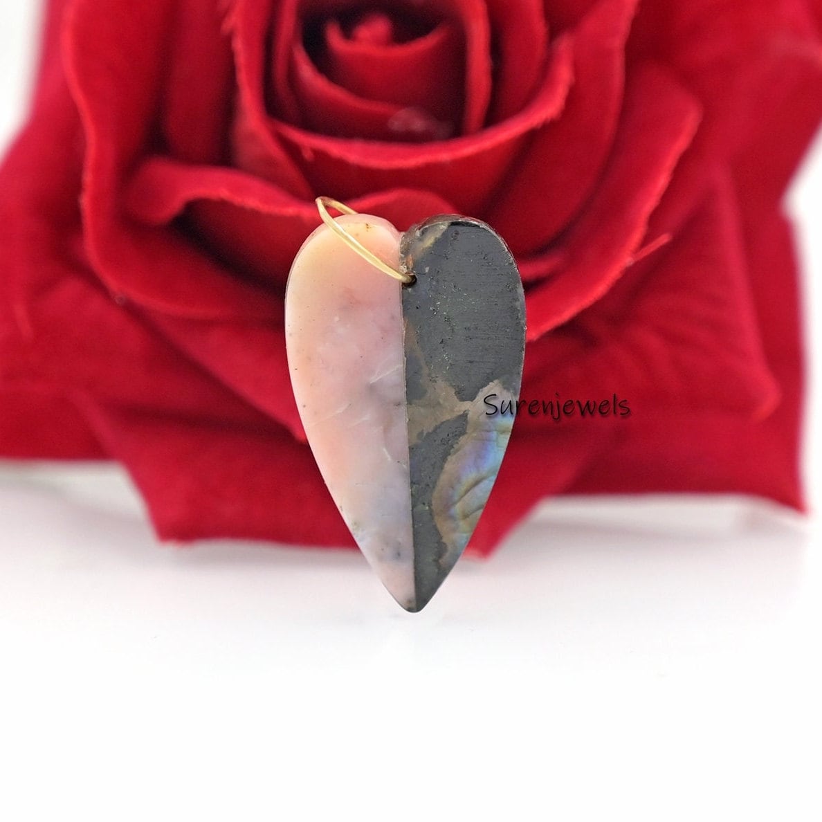 14k Gold Gemstone Heart Letter pendant: Coral & Crystal Love Pendant - View 5 - Suren Jewels | SKU: SJP1619-