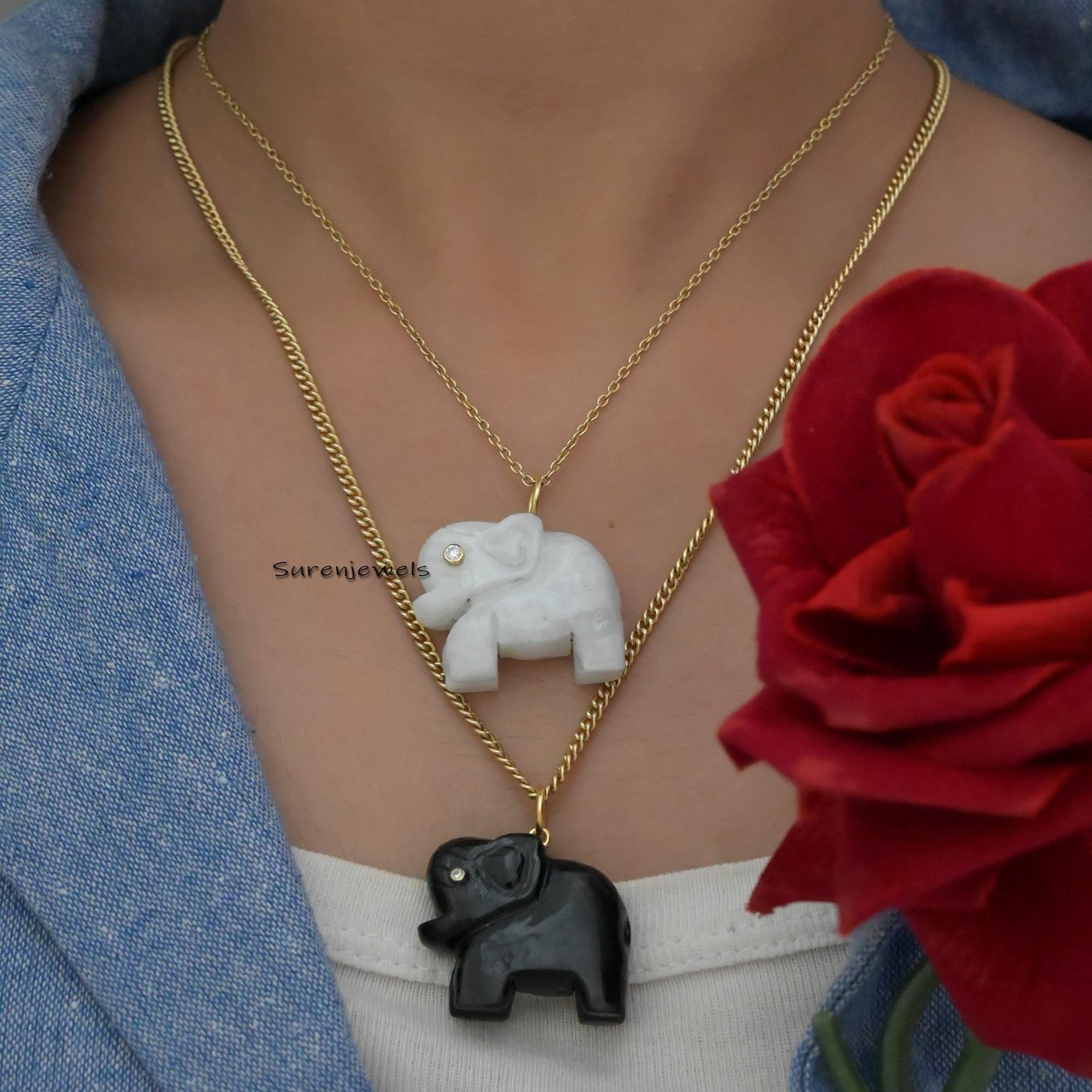 14k Gold Carved Gemstone Elephant Pendant - Coral or Druzy Charm - View 3 - Suren Jewels | SKU: SJP1165-SLYGRQ