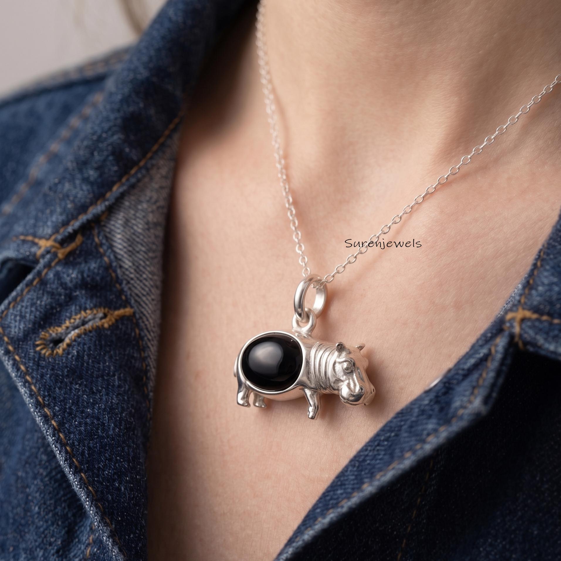 925 Silver Hippo Pendant, Gemstone Hippo Pendant, Safari Animal Charms, Wildlife Jewelry Gift - View 4 - Suren Jewels | SKU: