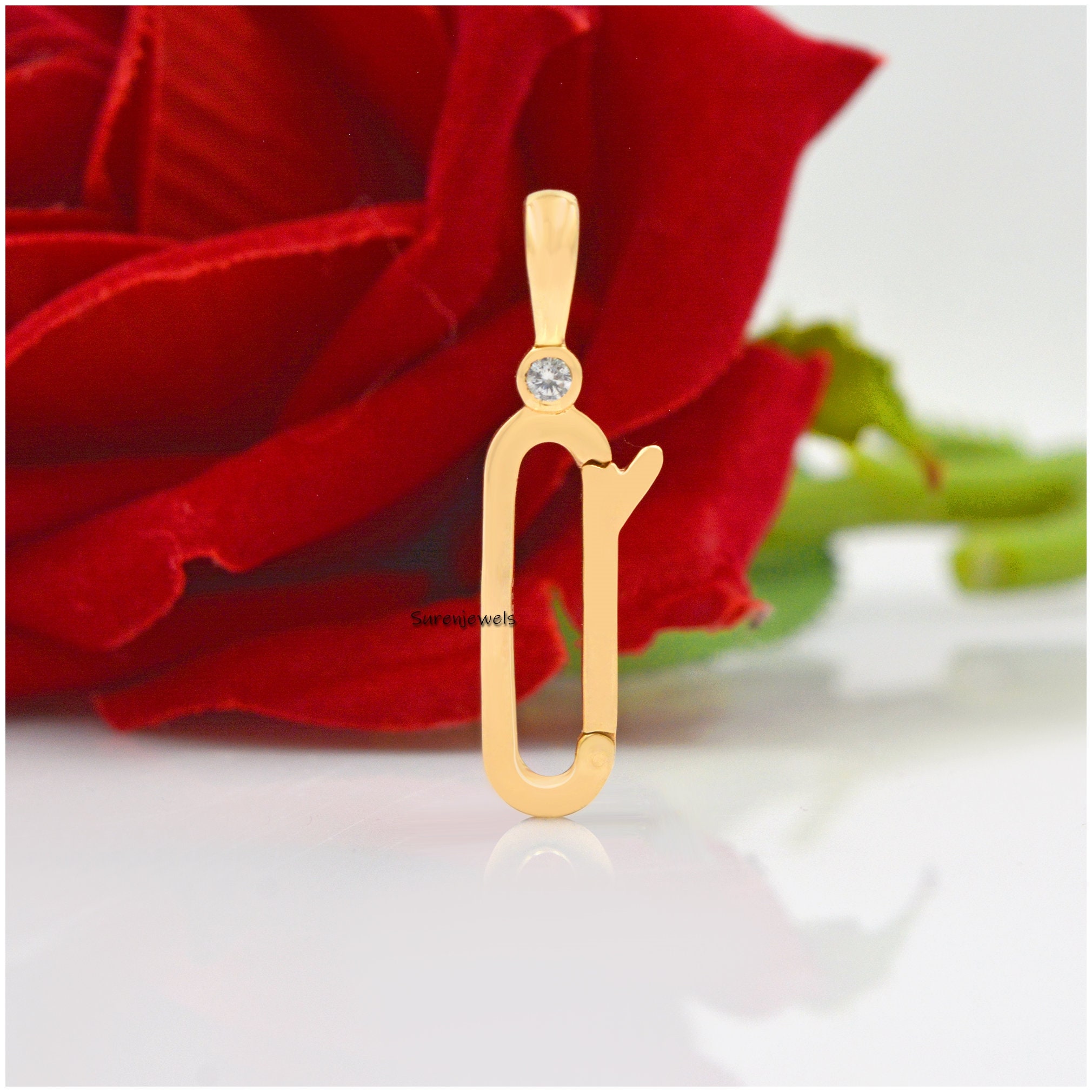 14K Yellow Gold Charm Holder Connector: White Topaz Push Lock - View 3 - Suren Jewels | SKU: SJP1212-SLYGMN-34M