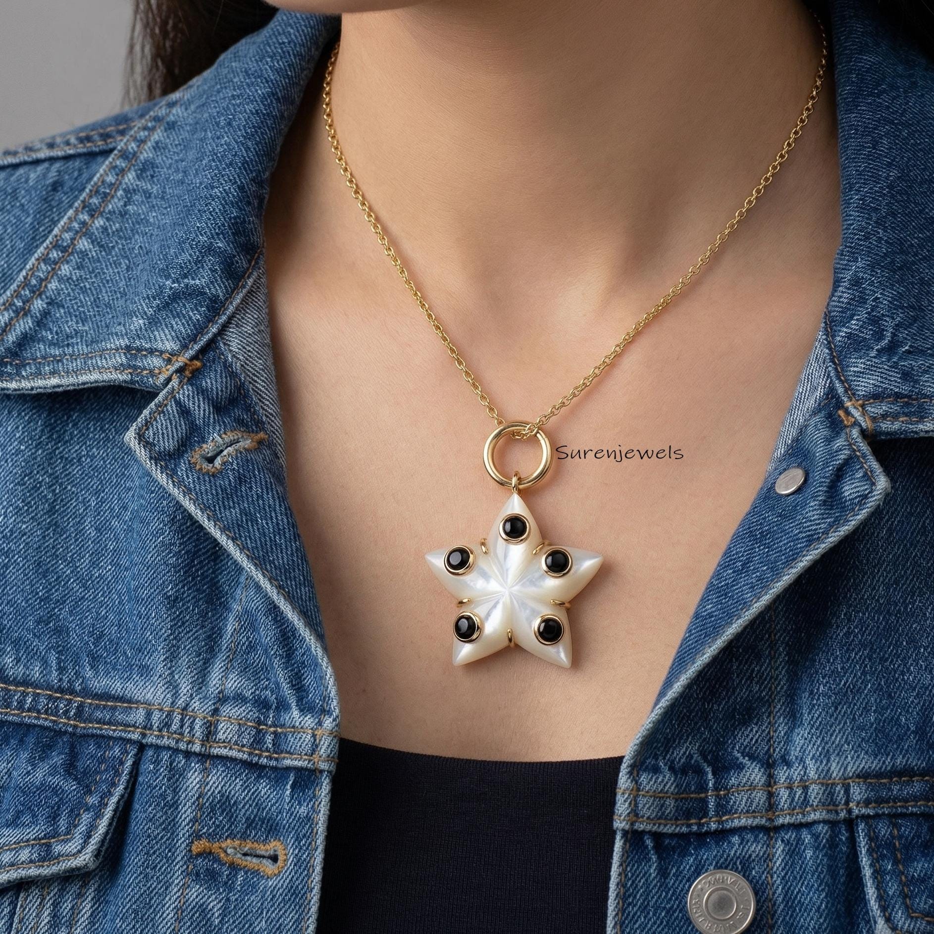 Hand Carved 14k Gold Gemstone Star Pendant handmade Designer Jewelry - View 5 - Suren Jewels | SKU: SJP6167-SLYGTQBO-25M