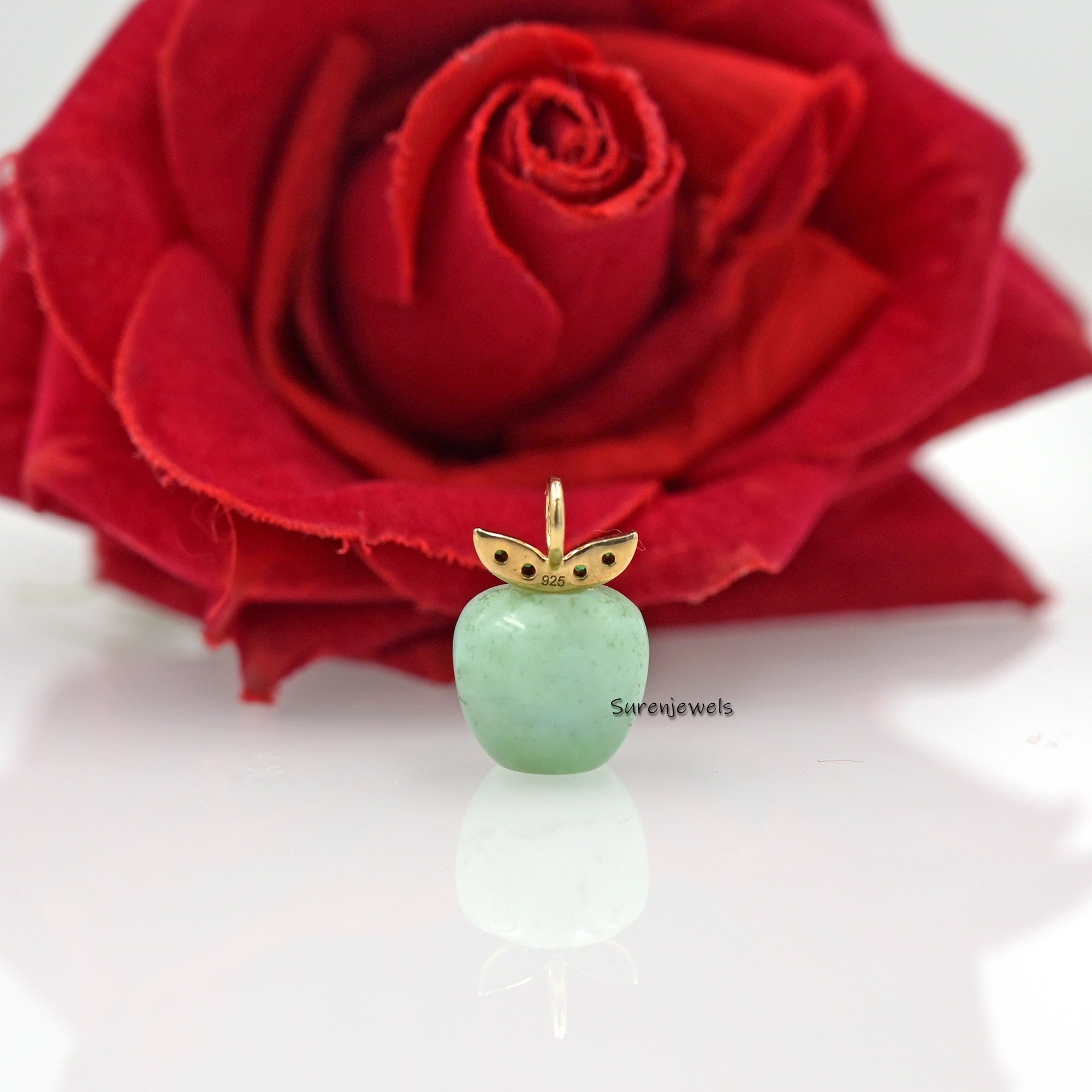Handmade 14K Gold Apple Pendant with Green Cz Leaves - View 6 - Suren Jewels | SKU: SJP1658