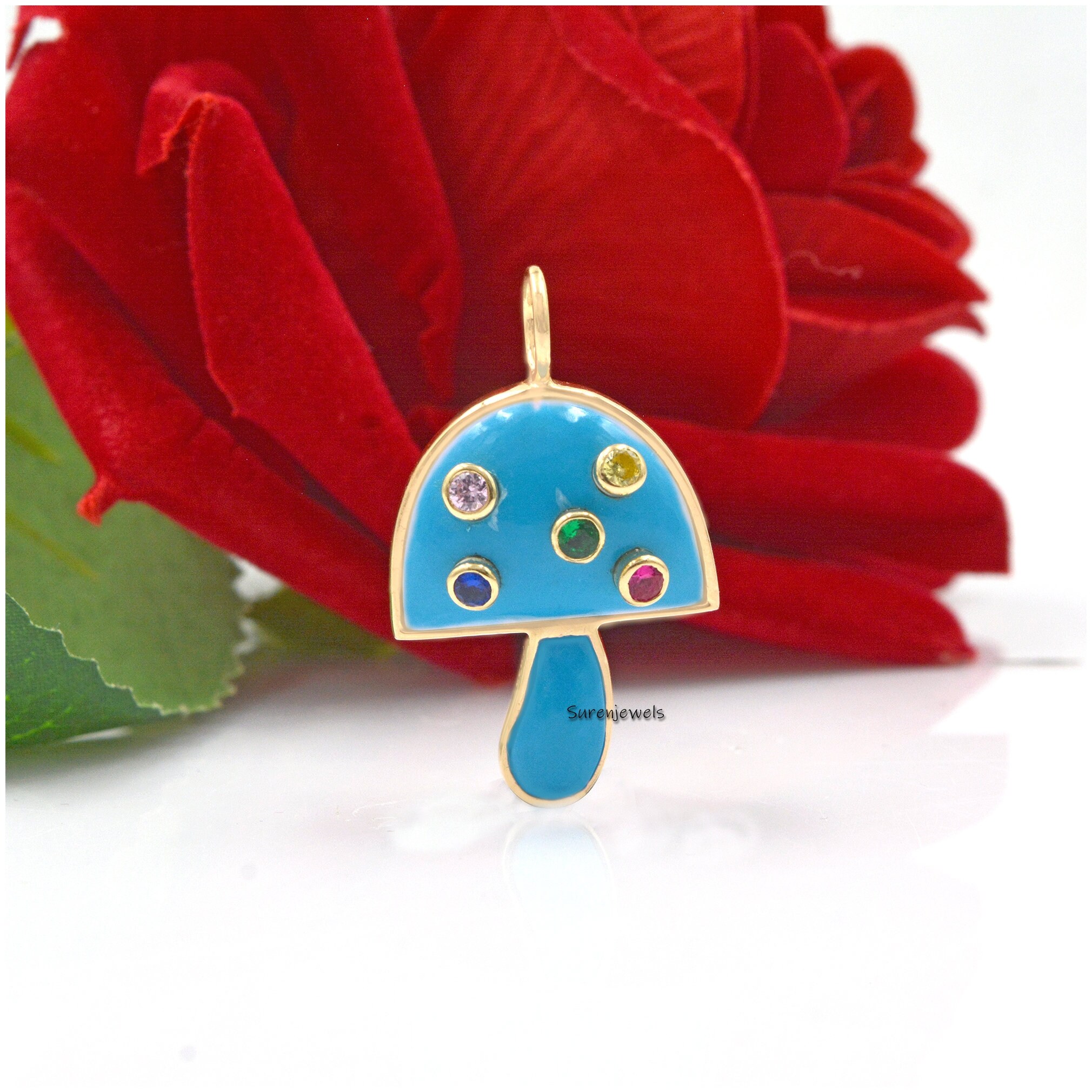 14k Gold Gemstone Mushroom Pendant, Magic Mushroom Pendant, Gemstone Mushroom Pendant, 14k Mushroom Charm, Wholesale Mushroom