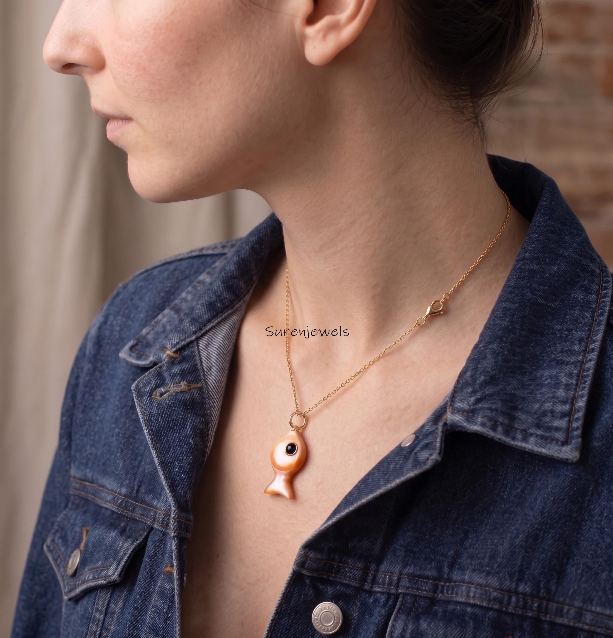 14K Gold Gemstone Fish Pendant By Surenjewels, Designer Fish Pendant, Opal Fish Pendant, Trendy Fish Pendant, Turquoise Fish