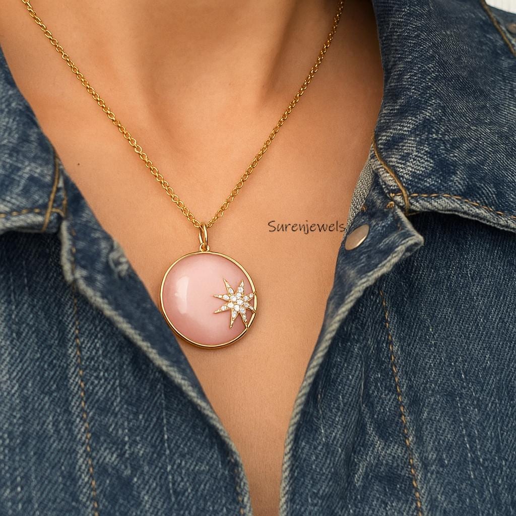 14k Gold handmade Carved Gemstone Star Disc Pendant - Suren Jewels | SKU: etsy_14k-gold-handmade-carved-gemstone-st