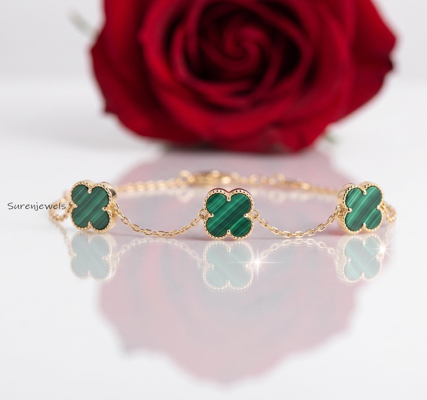 Dainty Malachite Clover Bracelet, 14K Gold Plated Four Leaf Clover Jewelry, Lucky Charm Bracelet, Minimalist Floral Bracelet,