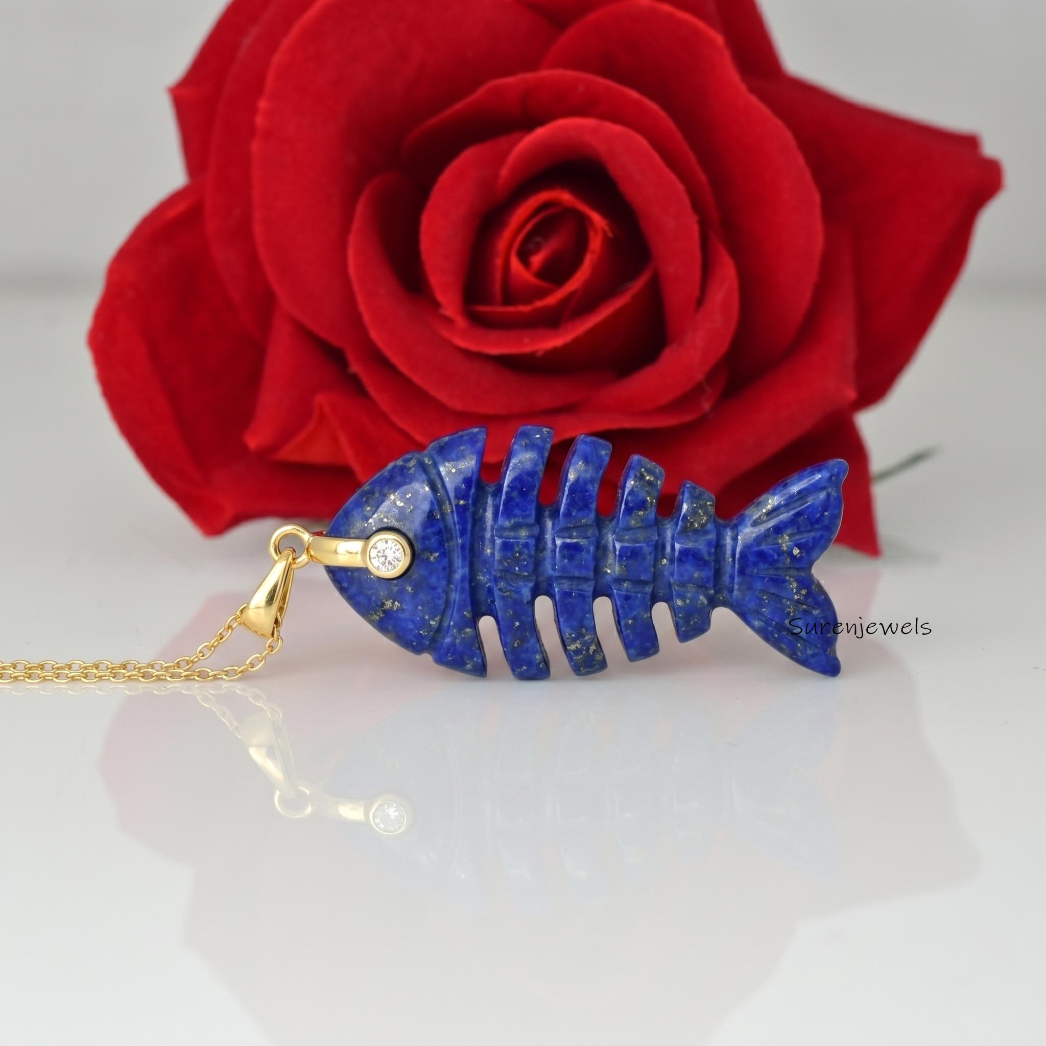 Lapis Lazuli Fish Skeleton Pendant, Gold Plated Fish Bone Necklace, Unique Gemstone Animal Jewelry, Gift for Ocean Lovers - S