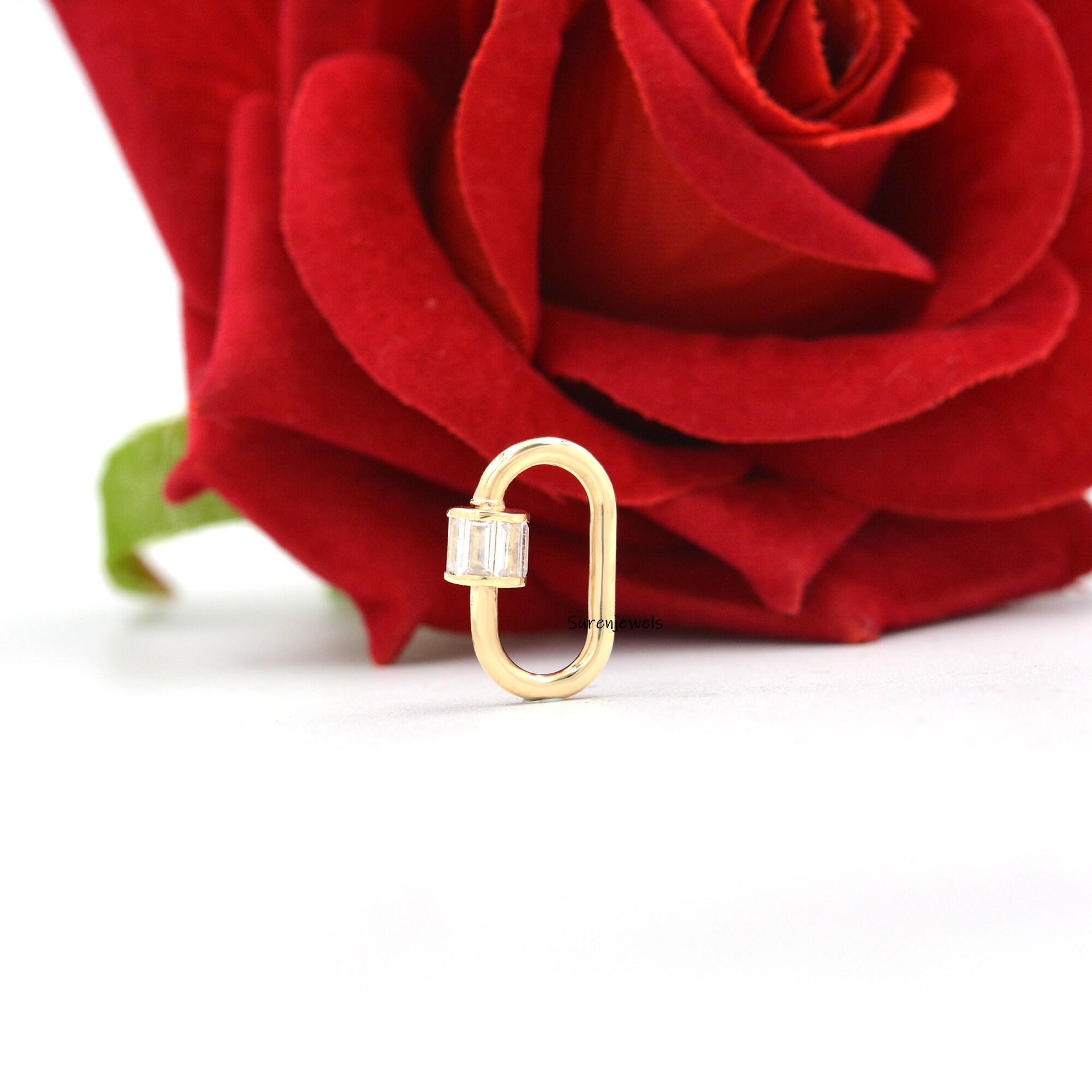 9k Gold Baguette Carabiner Lock: Solid Gold Connector (18mm) - View 7 - Suren Jewels | SKU: SJC22-9KYGBTTMT-18M-18I-N205