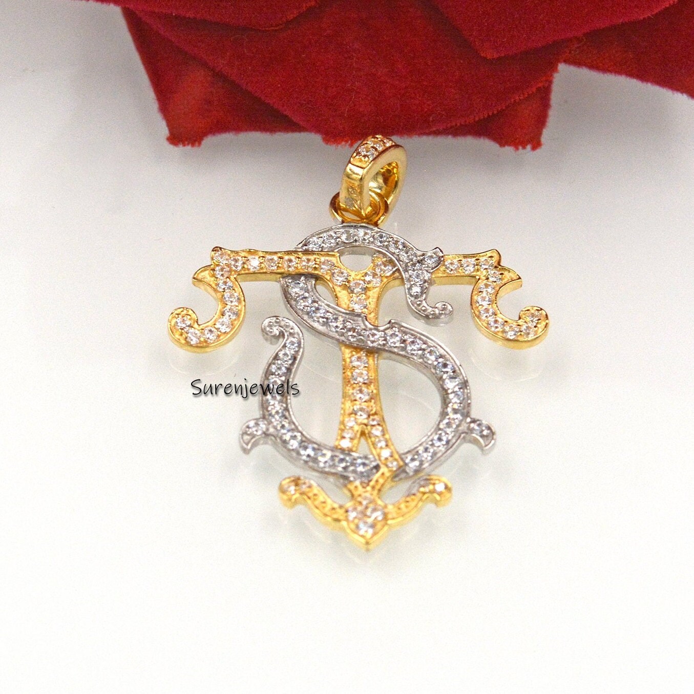 Diamond Monogram Pendant: Two-Tone 925 Silver Pave Initial - View 5 - Suren Jewels | SKU: SJP540-SLYGWGDI-SW