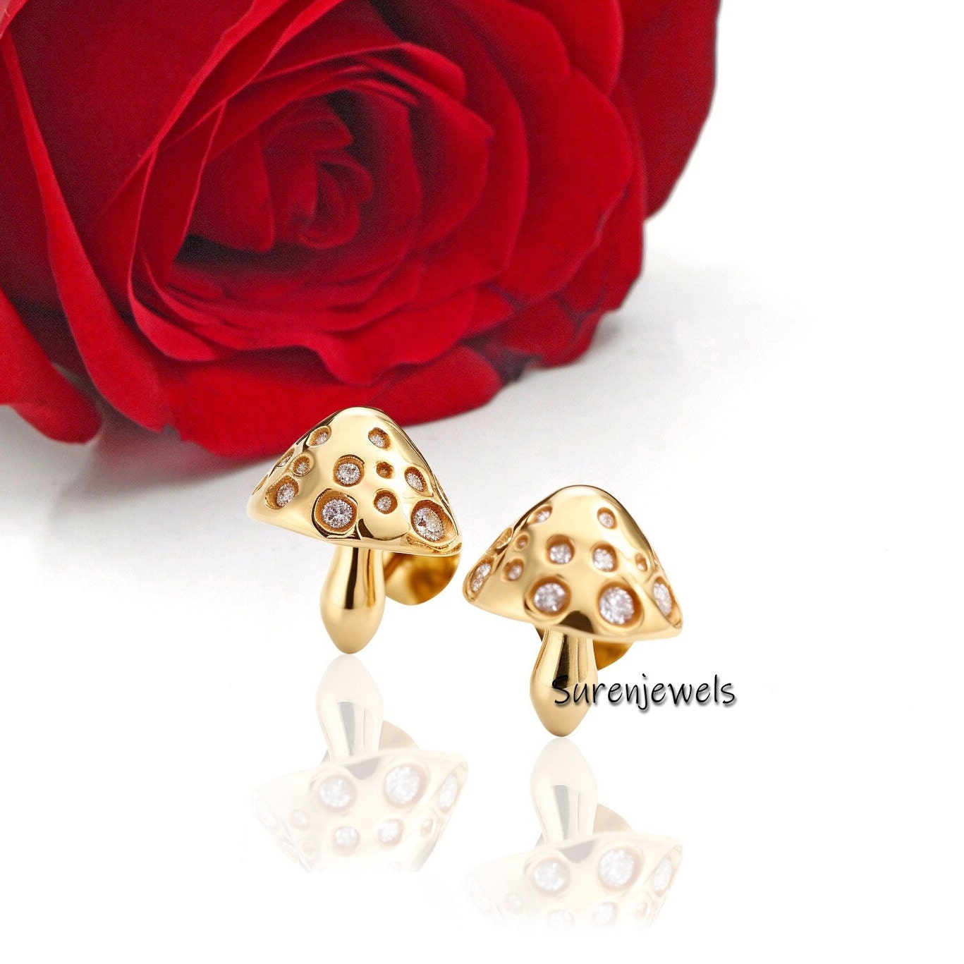 14k Gold Mushroom Stud Earrings: Tiny Magic Mushroom Design - Suren Jewels | SKU: SJE1442-SLYG